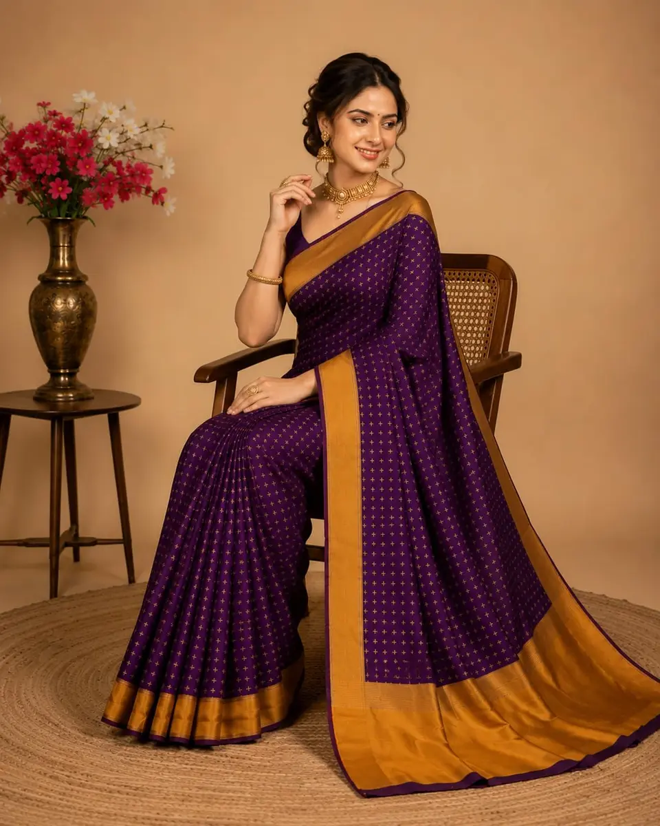 VJ FASHION Women's Soft Silk Saree with Blouse Piece | Purple Checks, 5.5 Meter Saree + 0.8 Meter Blouse - view 4