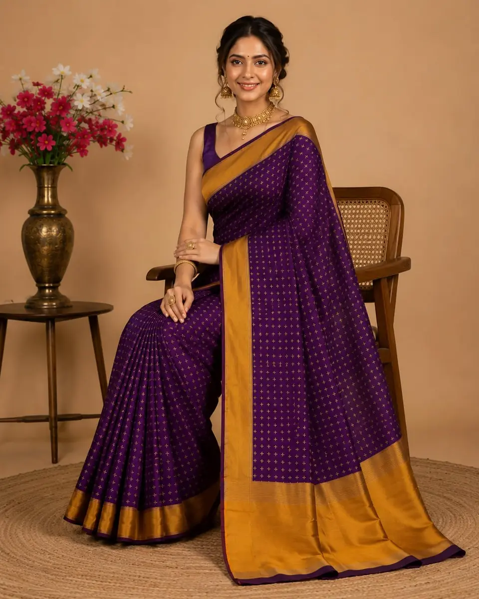 VJ FASHION Women's Soft Silk Saree with Blouse Piece | Purple Checks, 5.5 Meter Saree + 0.8 Meter Blouse - view 5