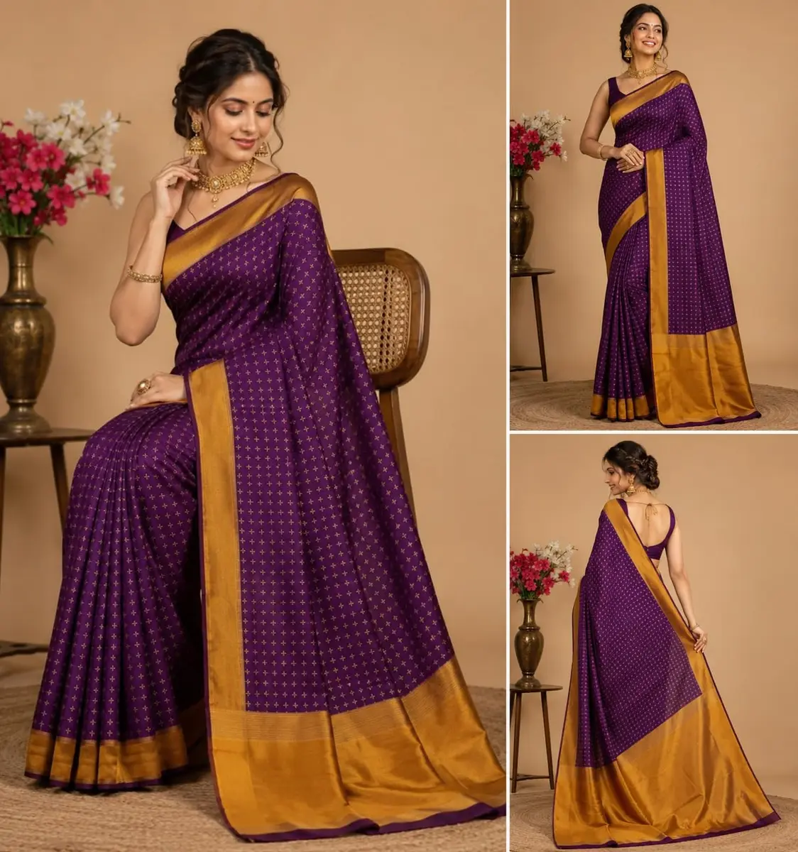 VJ FASHION Women's Soft Silk Saree with Blouse Piece | Purple Checks, 5.5 Meter Saree + 0.8 Meter Blouse - view 6
