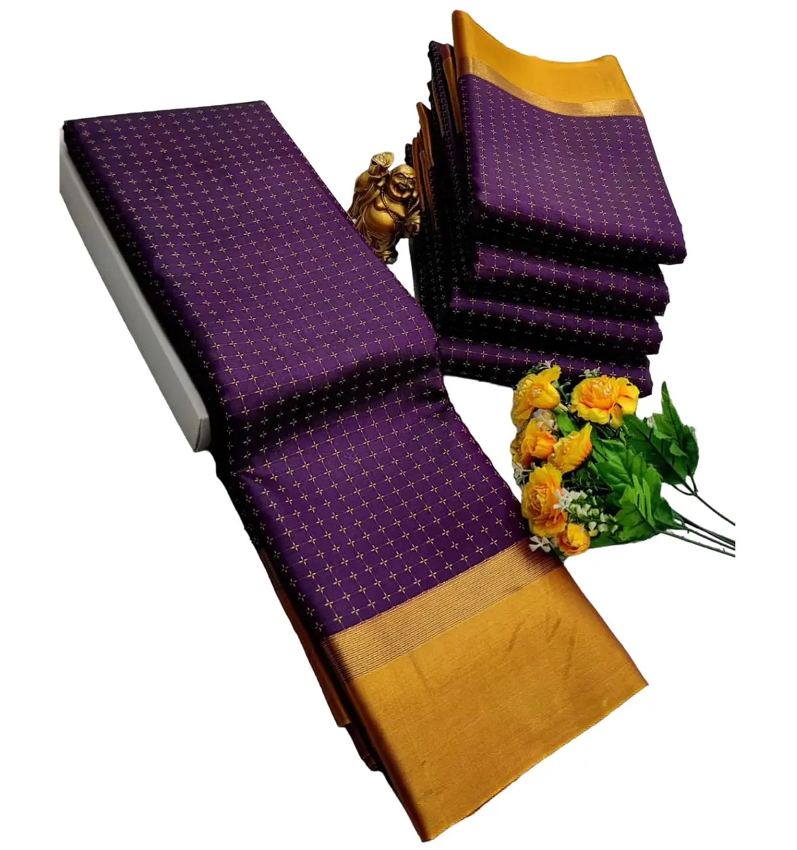 VJ FASHION Women's Soft Silk Saree with Blouse Piece | Purple Checks, 5.5 Meter Saree + 0.8 Meter Blouse - main product image