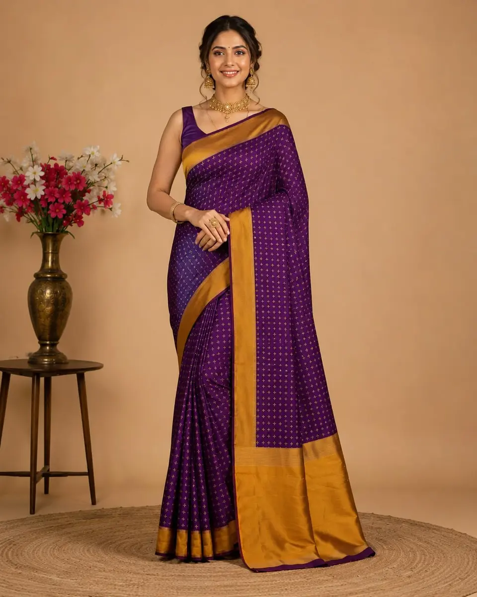 VJ FASHION Women's Soft Silk Saree with Blouse Piece | Purple Checks, 5.5 Meter Saree + 0.8 Meter Blouse - view 2