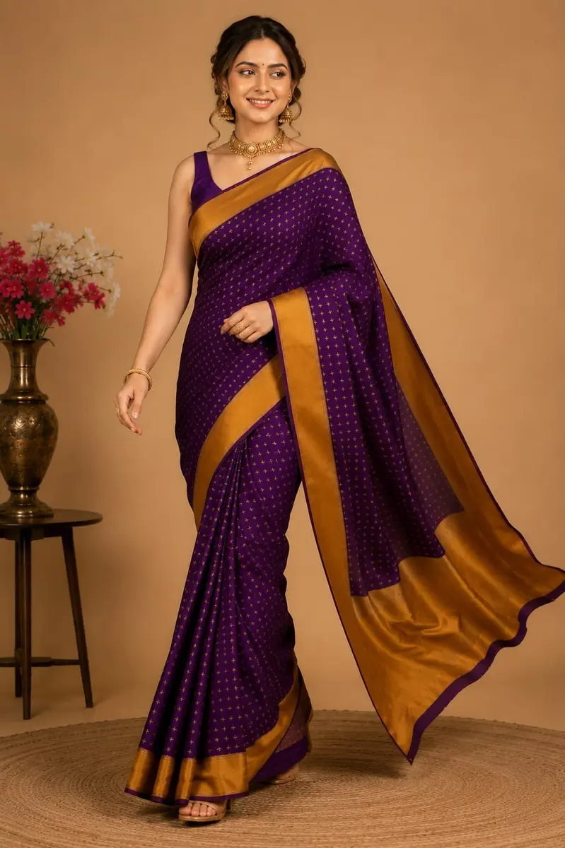 VJ FASHION Women's Soft Silk Saree with Blouse Piece | Purple Checks, 5.5 Meter Saree + 0.8 Meter Blouse - view 3
