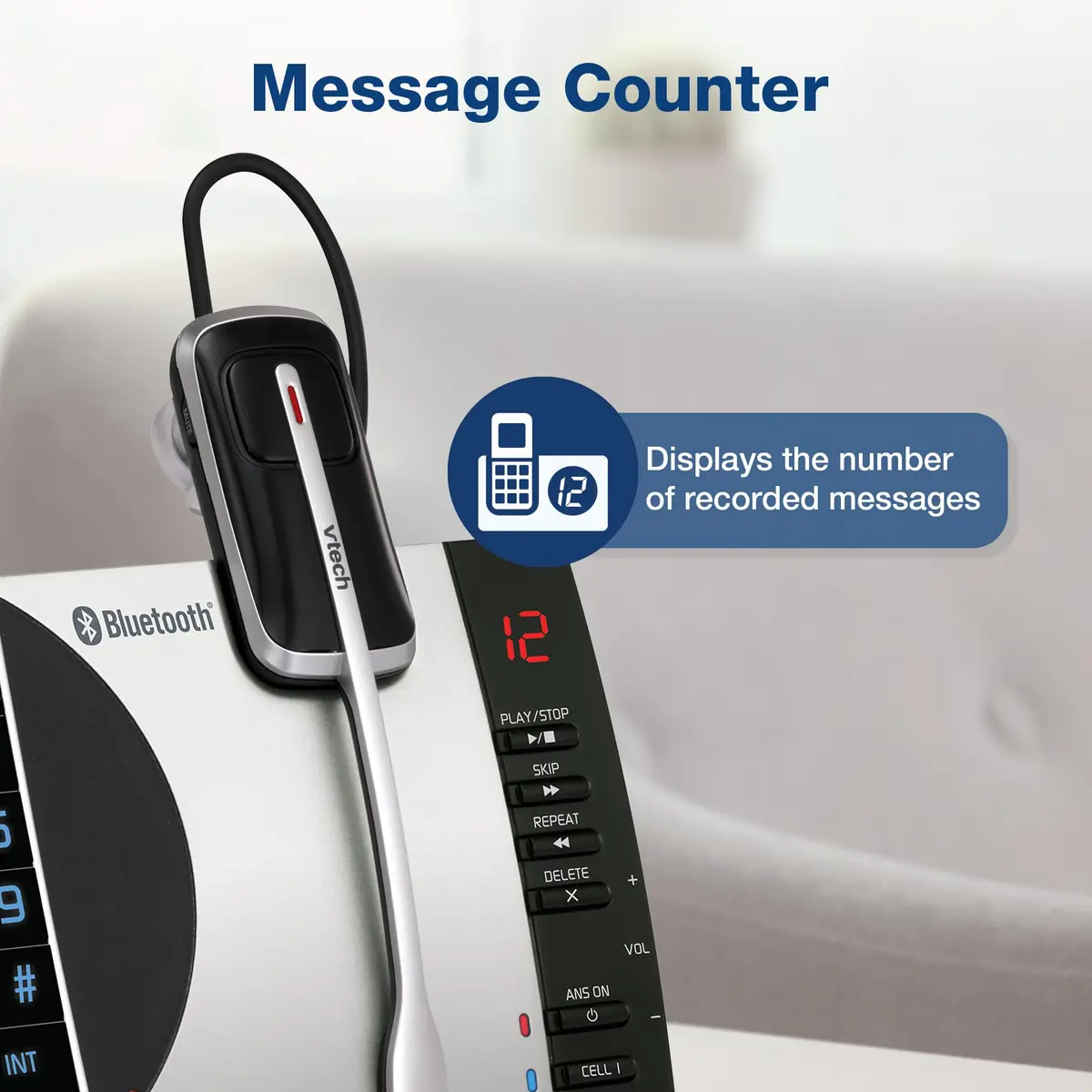 VTech DS6771-2 Cordless Phone with Answering Machine & Bluetooth Headset | Silver/Black (Handset + Headset) - view 7