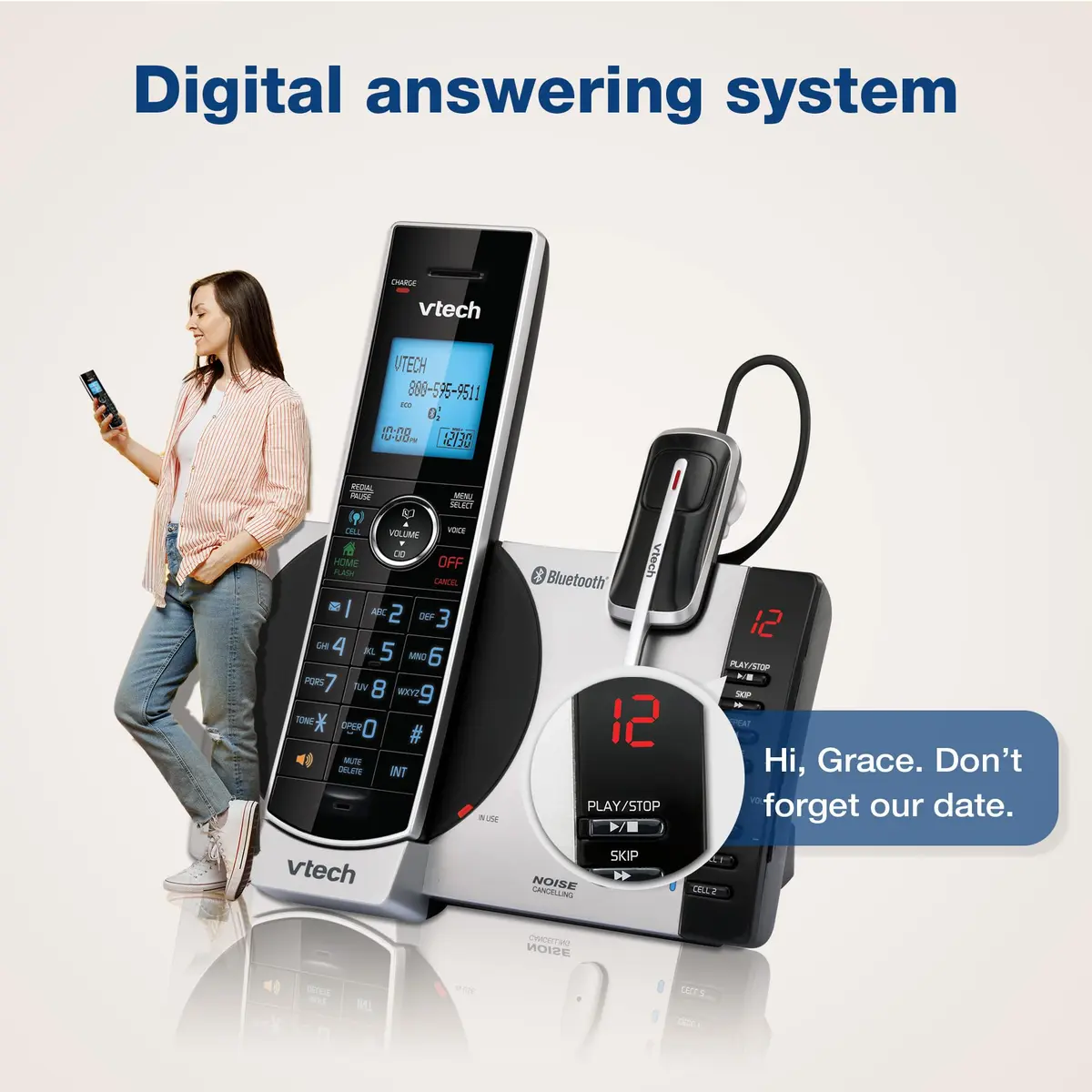 VTech DS6771-2 Cordless Phone with Answering Machine & Bluetooth Headset | Silver/Black (Handset + Headset) - view 8
