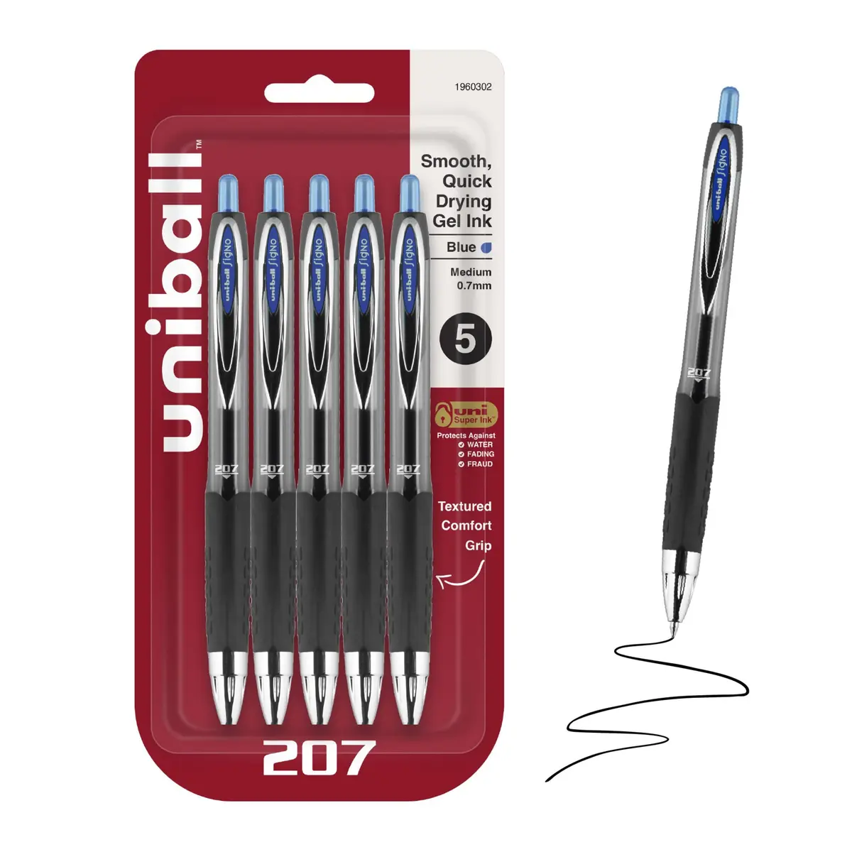 Uni-Ball Signo 207 Retractable Gel Pens, Blue Ink, 0.7mm Medium Point, 5 Count | Smooth Writing, Fraud-Resistant, uni Super Ink™ - main product image