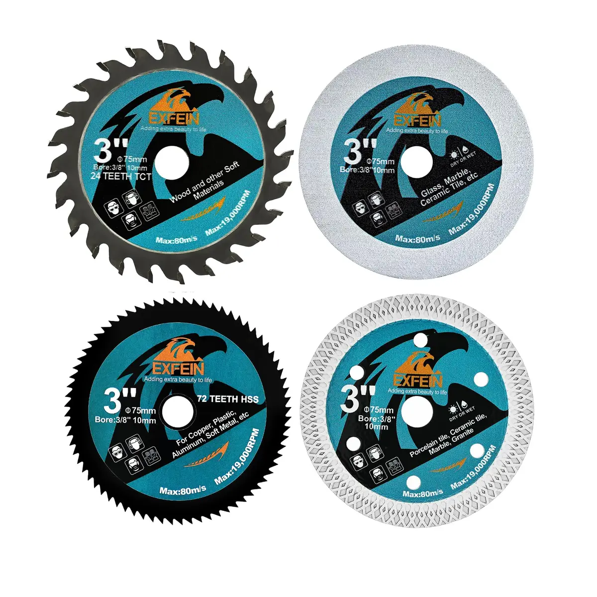 EXFEIN 3 Inch Circular Saw Blade Set 4pcs for Cutting Tile Glass Soft Metal Wood Plastic Diamond Disc | Versatile & Durable - main product image