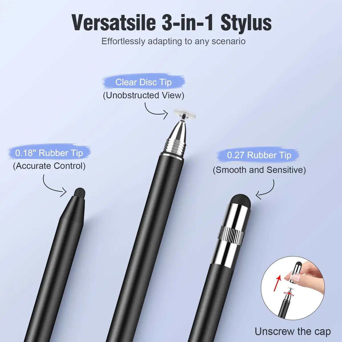 MEKO 3-in-1 Universal Stylus Pen for Touchscreens, 4-Pack (Black/Blue/Rose Gold/Purple) | High Sensitivity & Replaceable Tips - view 3