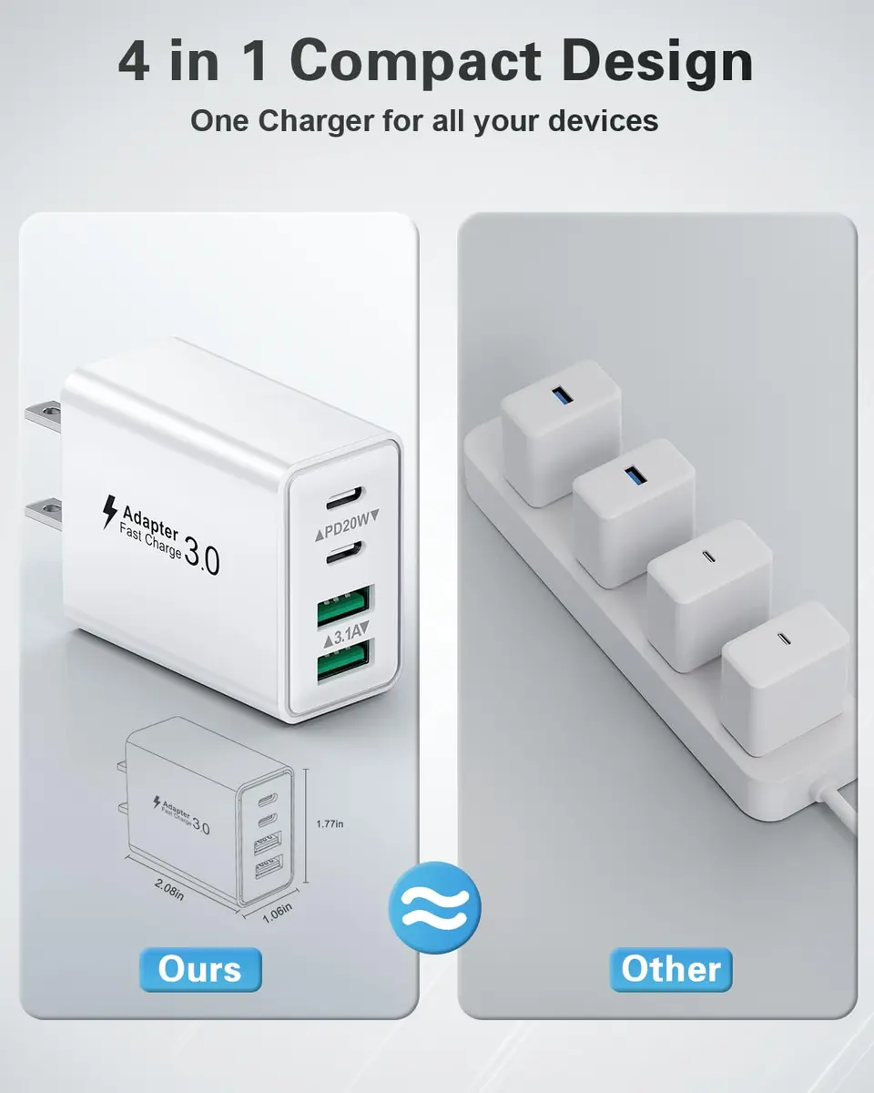 KOUEMGI 3-Pack 40W USB C Charger Block | Fast 4-Port Power Adapter for iPhone & Samsung - view 5