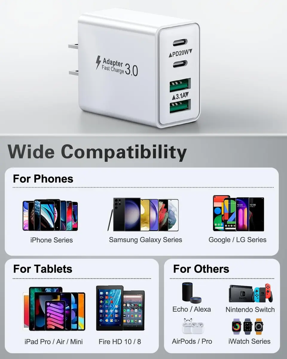 KOUEMGI 3-Pack 40W USB C Charger Block | Fast 4-Port Power Adapter for iPhone & Samsung - view 6