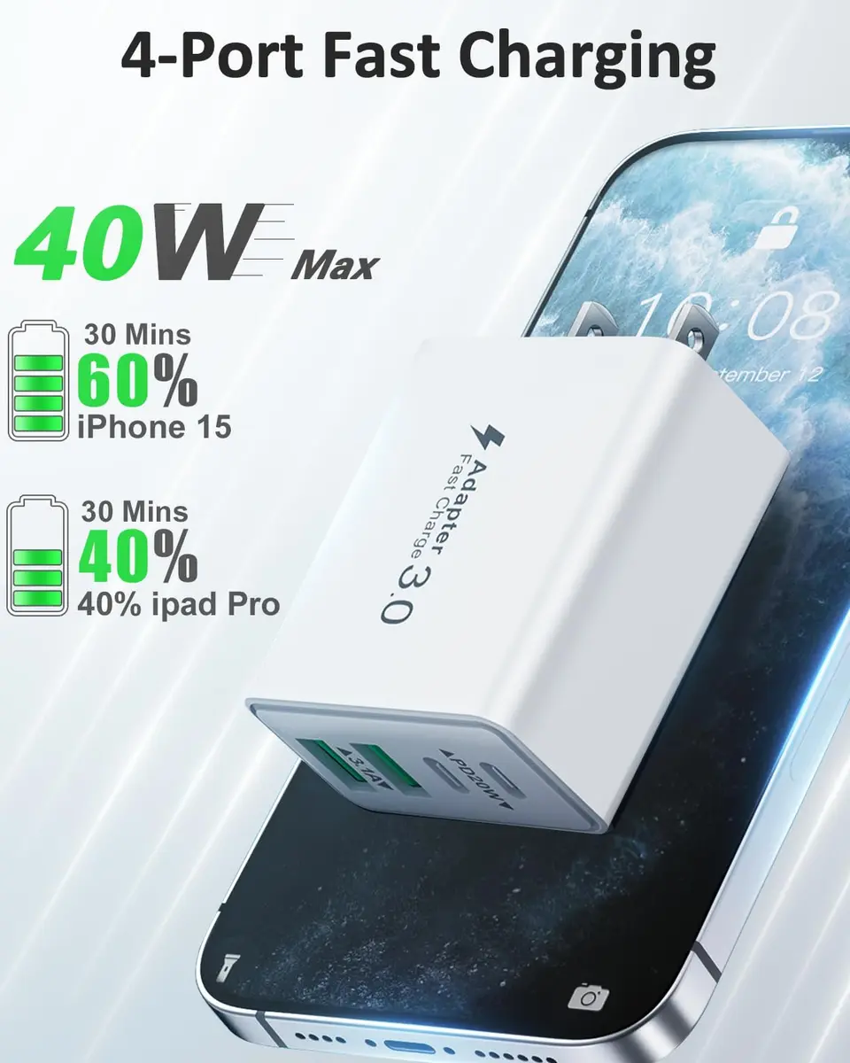KOUEMGI 3-Pack 40W USB C Charger Block | Fast 4-Port Power Adapter for iPhone & Samsung - view 2