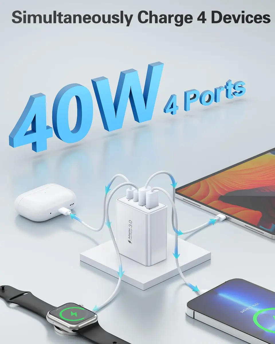 KOUEMGI 3-Pack 40W USB C Charger Block | Fast 4-Port Power Adapter for iPhone & Samsung - view 3