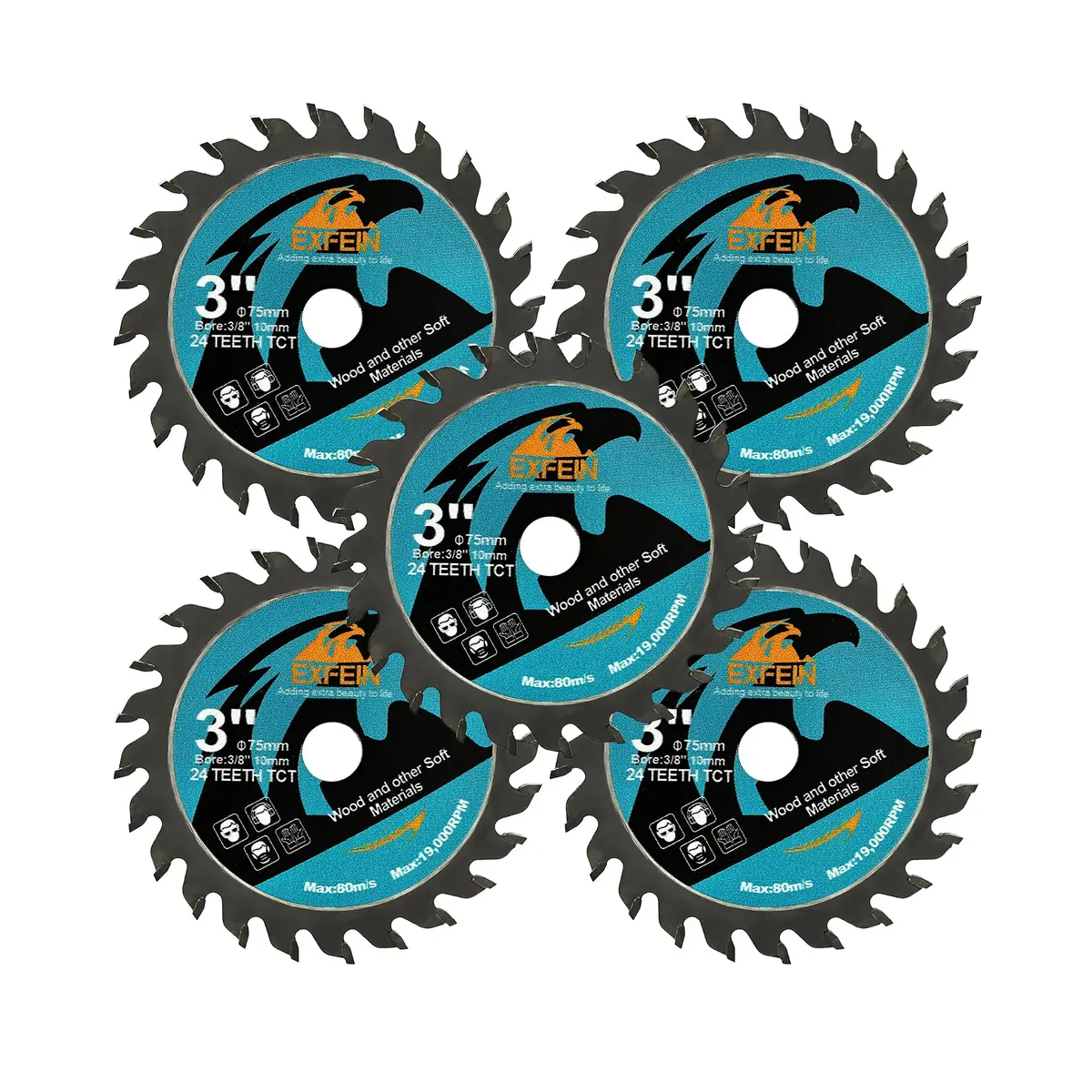 EXFEIN 75mm (3 Inch) 5-Piece Wood Cutting Disc Set with 10mm Arbor | 24T Carbide Tipped Blades for Wood, Plastic, Composites - main product image