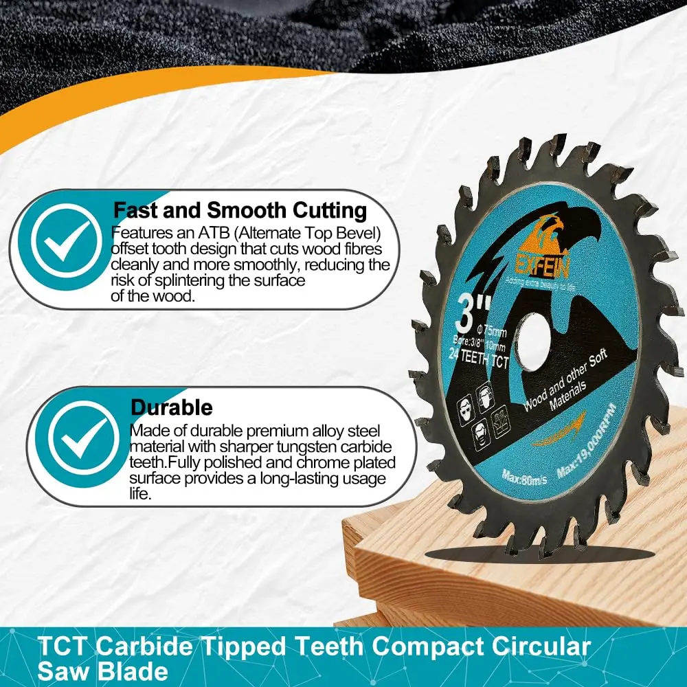 EXFEIN 75mm (3 Inch) 5-Piece Wood Cutting Disc Set with 10mm Arbor | 24T Carbide Tipped Blades for Wood, Plastic, Composites - view 3