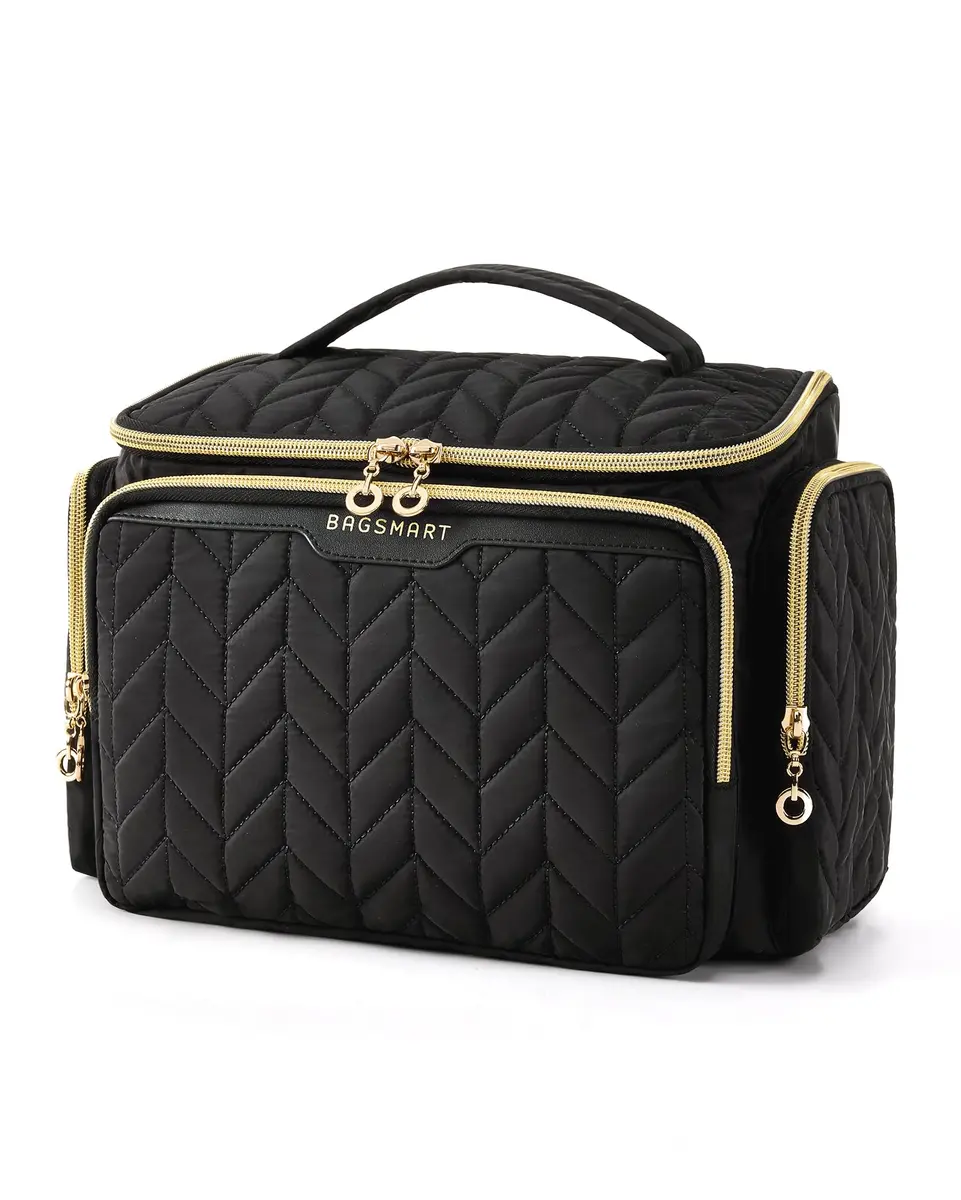 BAGSMART Large Wide-open Travel Toiletry Bag with Handle, Black | Puffy Nylon Fabric, Waterproof Pocket, 6+ Inner Pockets - main product image
