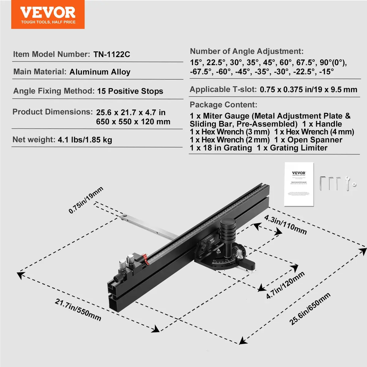 VEVOR Precision Miter Gauge with 24 in Grating & 15 Angle Stops | Standard Slot 3/4'' x 3/8'' Aluminum Alloy for Table Saws - view 7