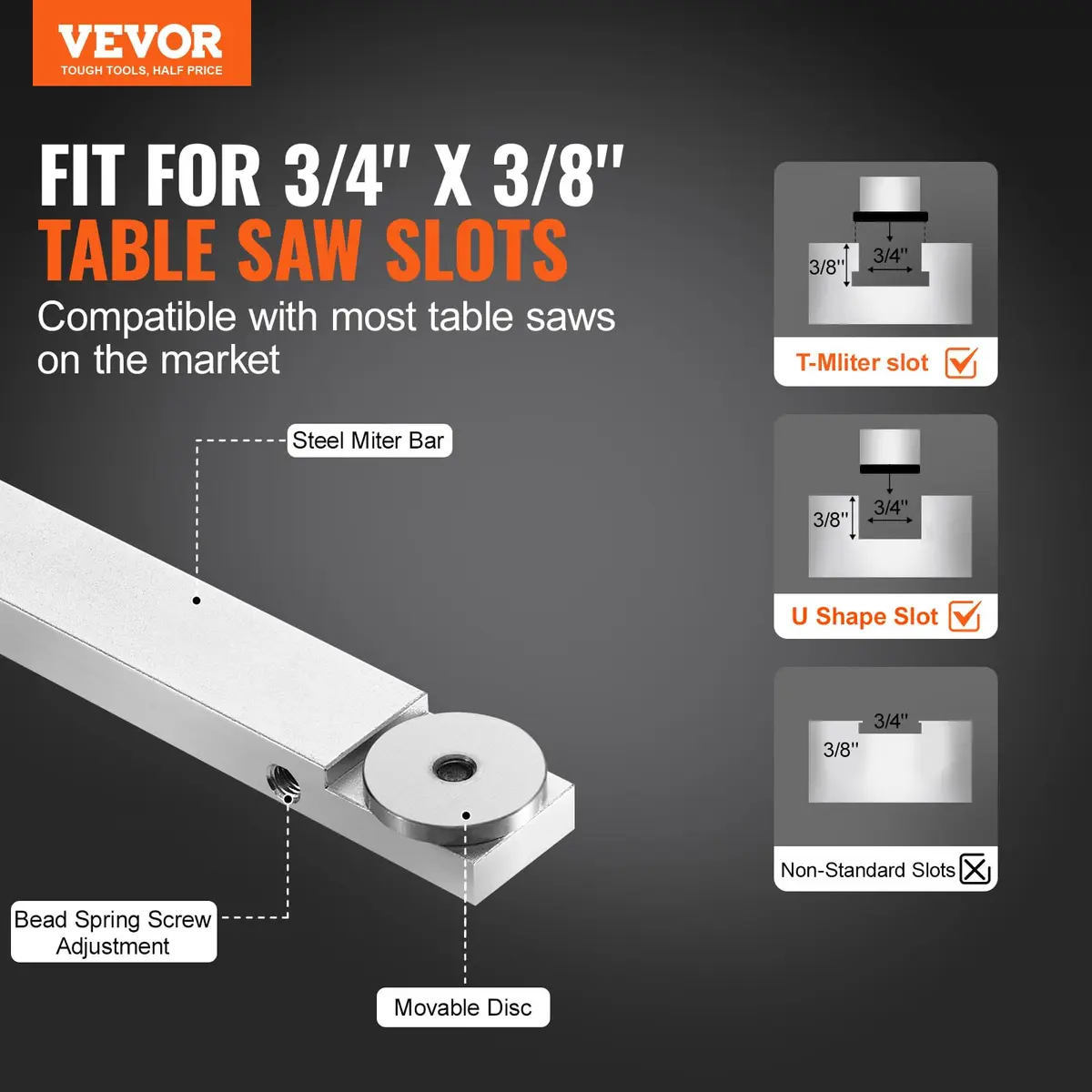 VEVOR Precision Miter Gauge with 24 in Grating & 15 Angle Stops | Standard Slot 3/4'' x 3/8'' Aluminum Alloy for Table Saws - view 2