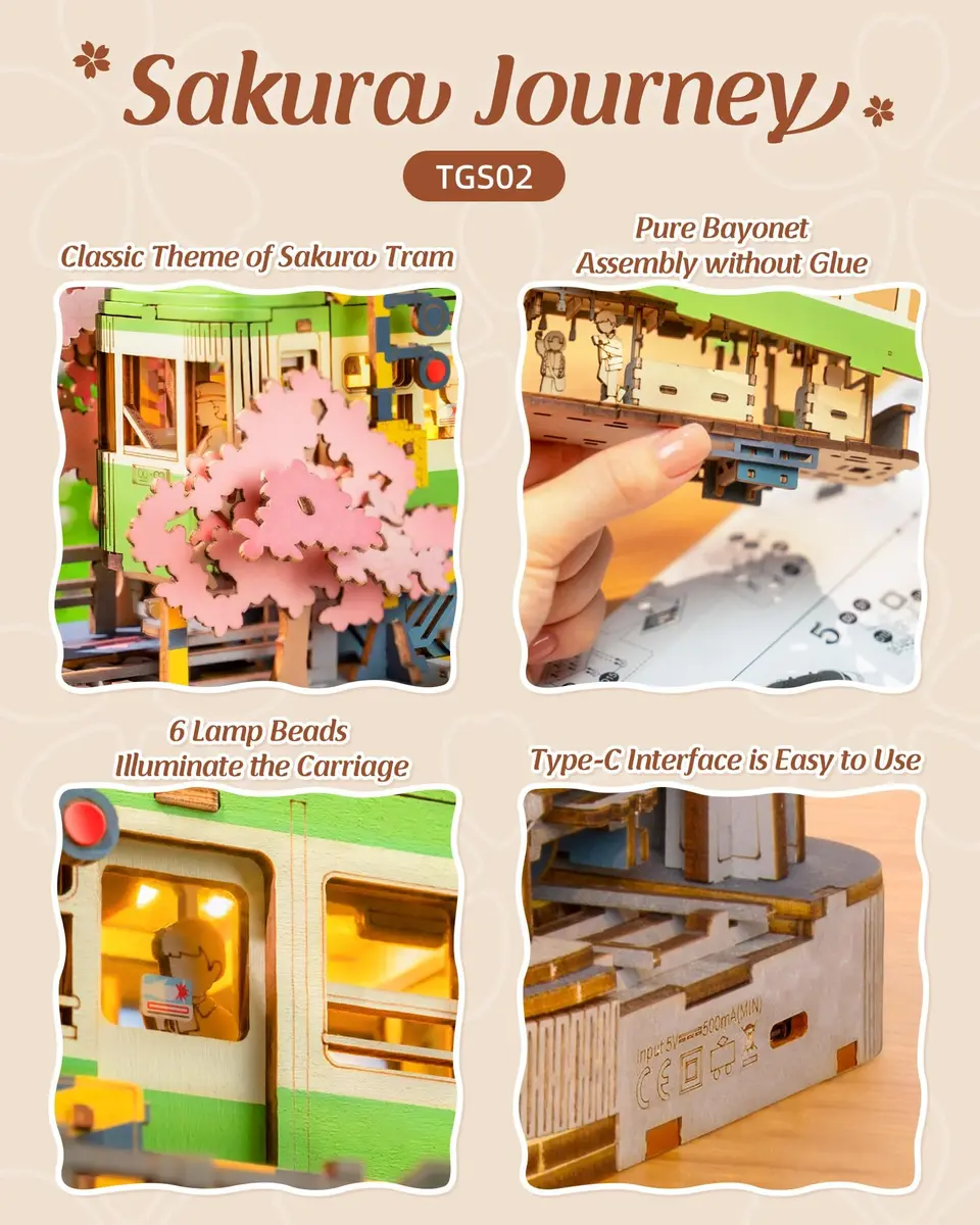 Rolife 3D Wooden Puzzle for Adults, Sakura Journey Tram DIY Model with LED Lights | Creative Home Decor & Brain Teaser - view 5