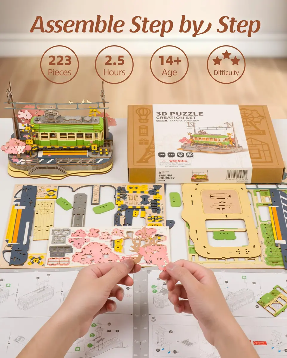 Rolife 3D Wooden Puzzle for Adults, Sakura Journey Tram DIY Model with LED Lights | Creative Home Decor & Brain Teaser - view 6