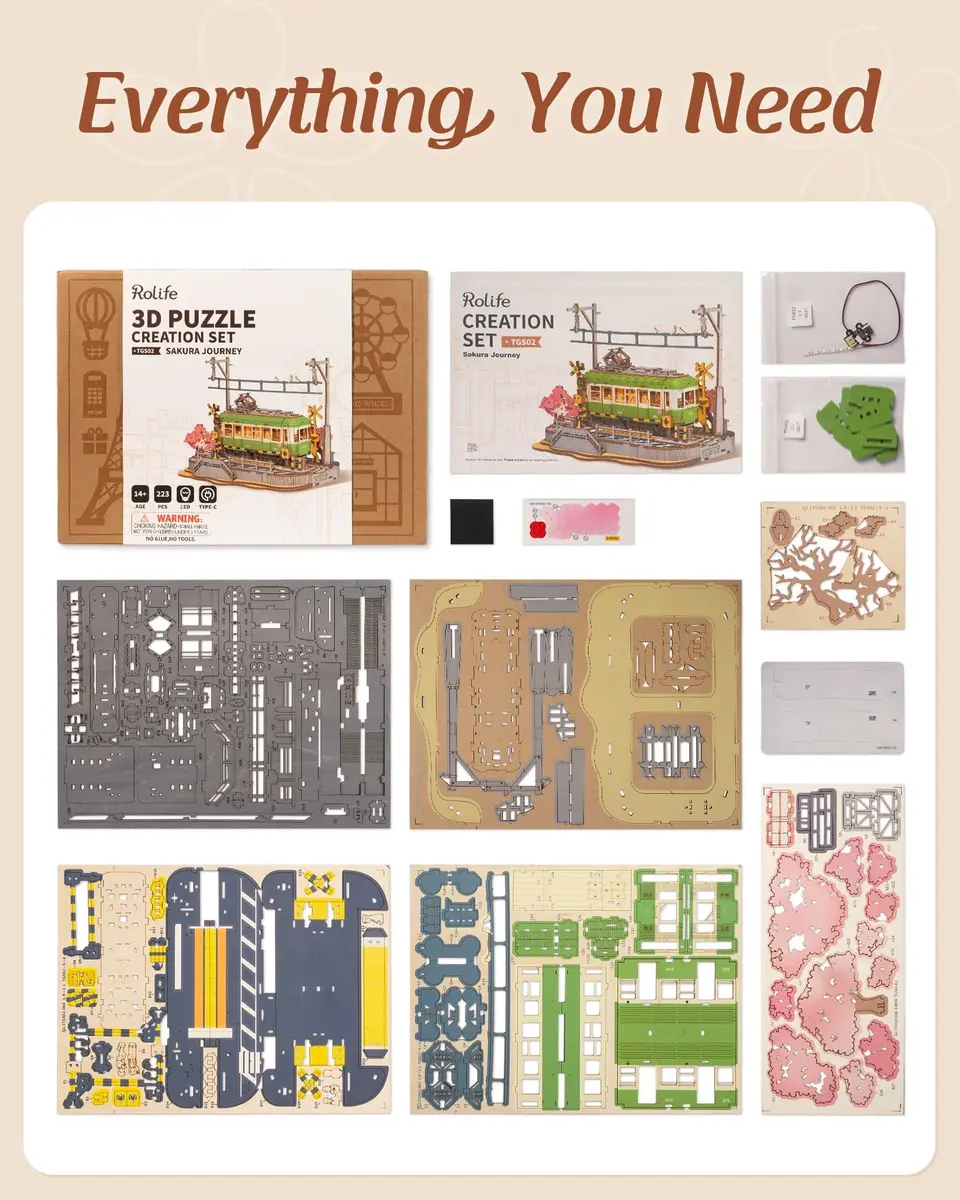 Rolife 3D Wooden Puzzle for Adults, Sakura Journey Tram DIY Model with LED Lights | Creative Home Decor & Brain Teaser - view 7