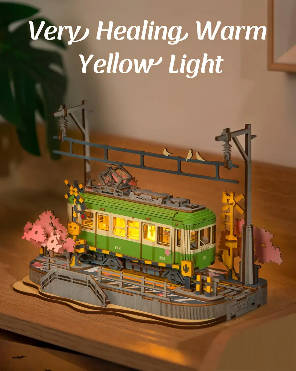 Rolife 3D Wooden Puzzle for Adults, Sakura Journey Tram DIY Model with LED Lights | Creative Home Decor & Brain Teaser - view 3