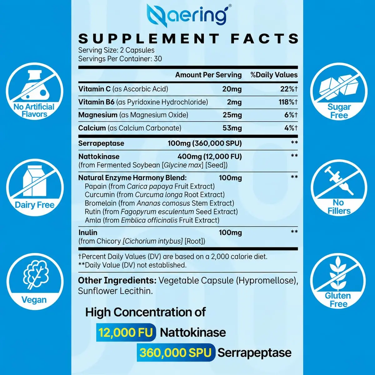 Naering Liposomal Nattokinase 12,000 FU Serrapeptase 360,000 SPU | Vegan, Gluten-Free, 60 Count - view 2