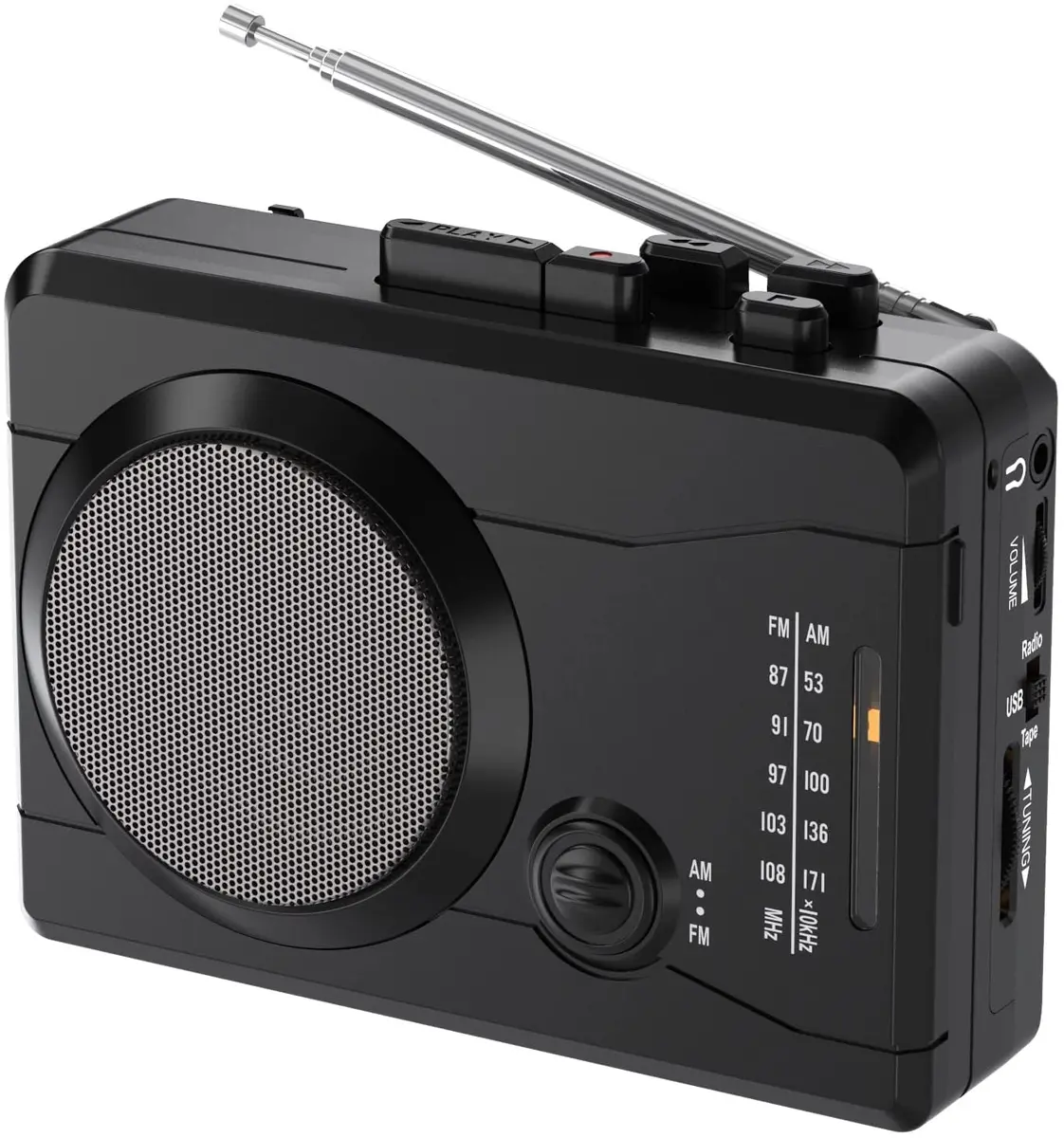 Mersoco Portable Cassette Player Recorder with AM/FM Radio & Tape to MP3 Converter, Black | Built-in Speaker & Belt Clip - main product image