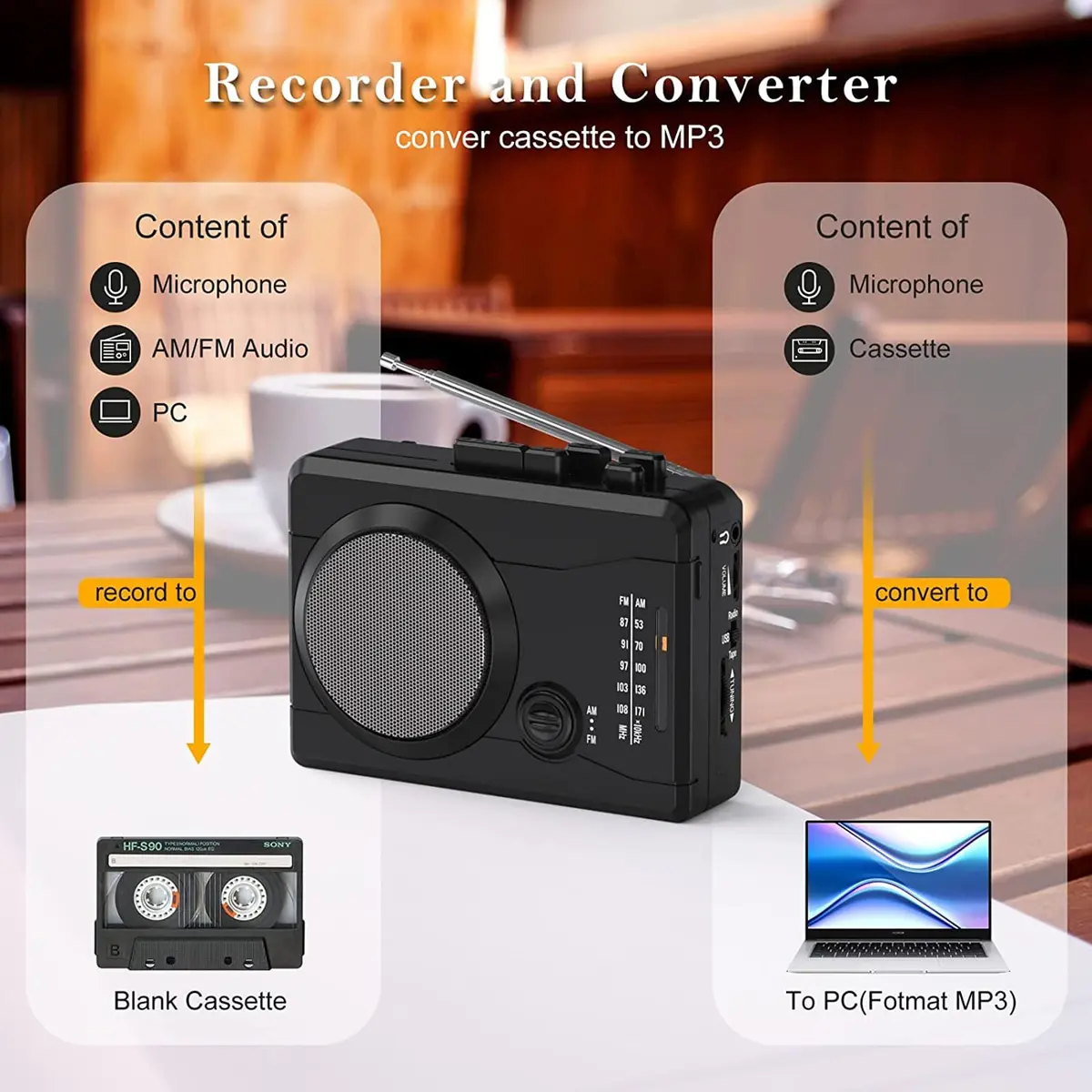 Mersoco Portable Cassette Player Recorder with AM/FM Radio & Tape to MP3 Converter, Black | Built-in Speaker & Belt Clip - view 6