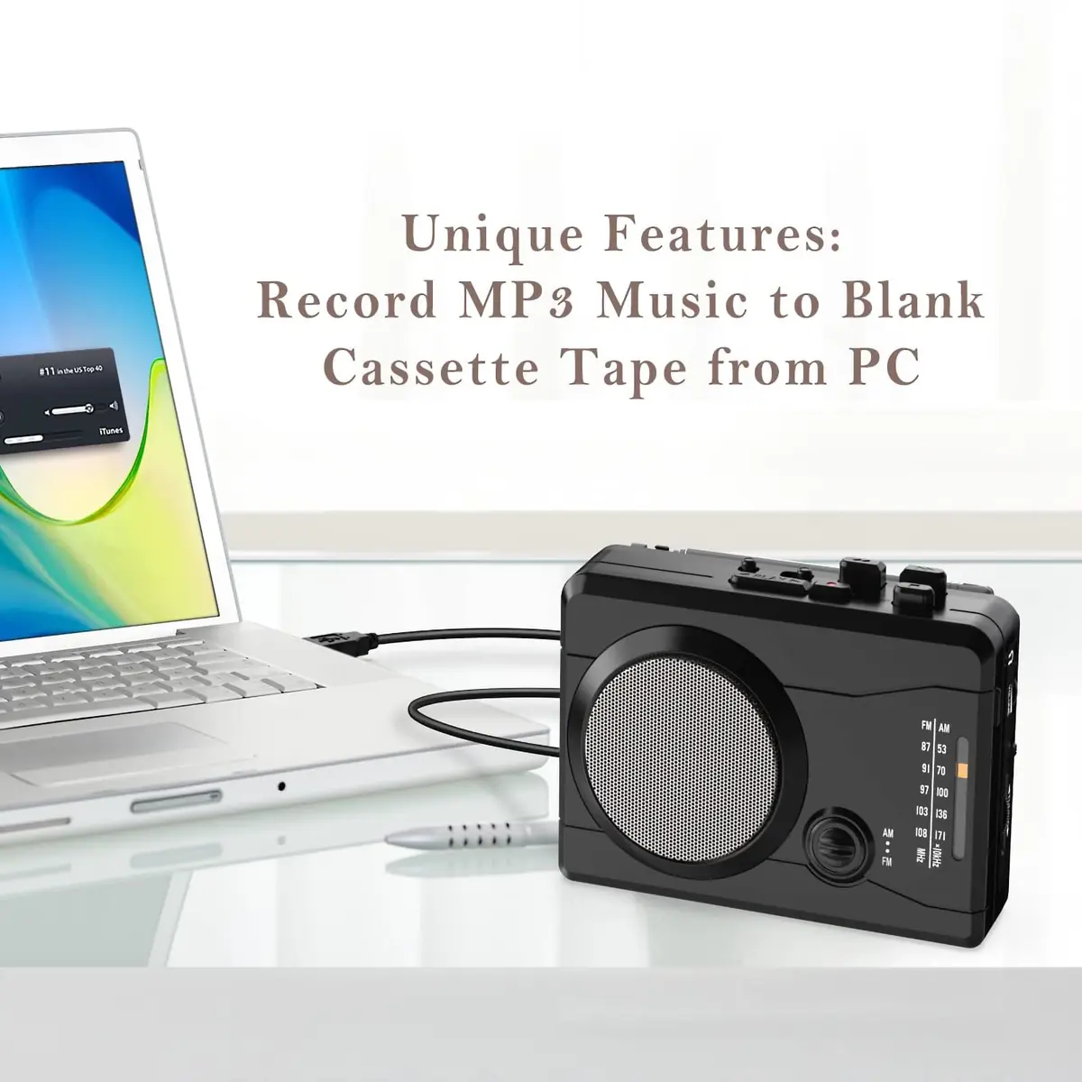 Mersoco Portable Cassette Player Recorder with AM/FM Radio & Tape to MP3 Converter, Black | Built-in Speaker & Belt Clip - view 3