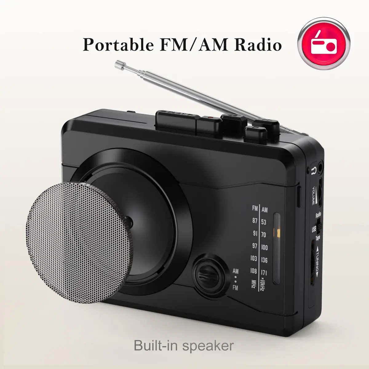 Mersoco Portable Cassette Player Recorder with AM/FM Radio & Tape to MP3 Converter, Black | Built-in Speaker & Belt Clip - view 4