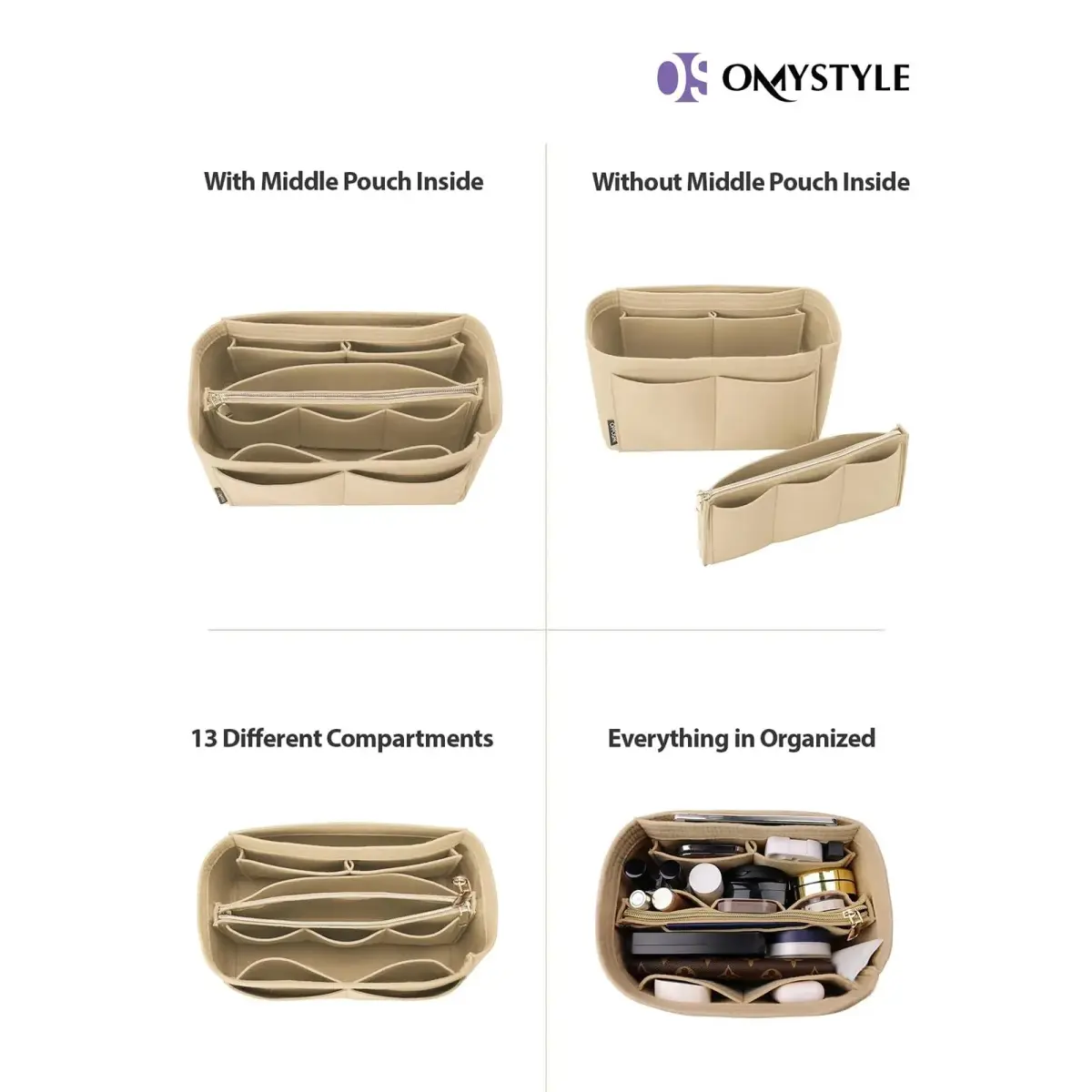 OMYSTYLE Beige Slender Large Felt Tote Bag Organizer Insert with 13 Pockets - view 4