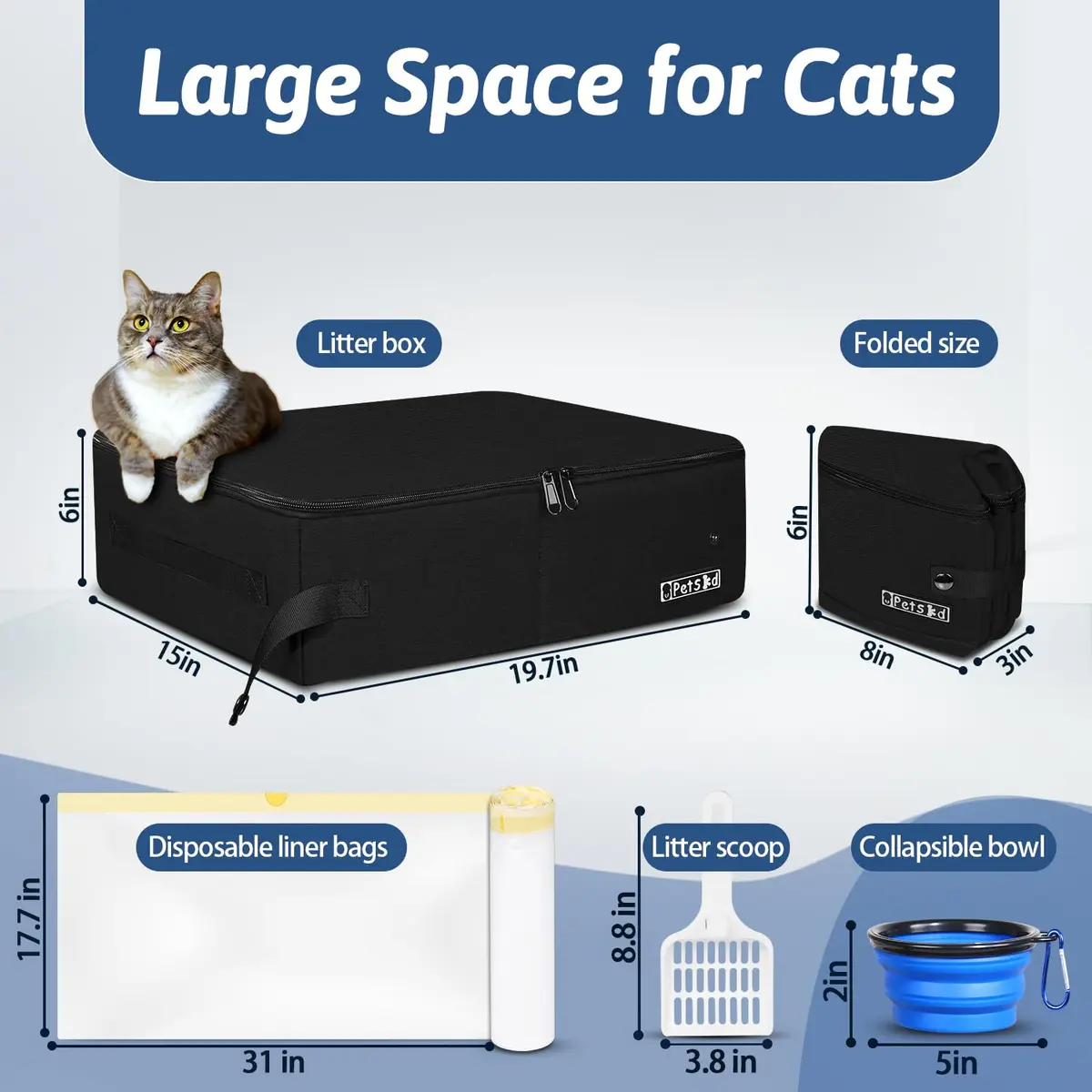 Petskd Portable Cat Travel Litter Box with Lid, Black 50cm x 38cm x 15cm | Leakproof & Odor-Preventing for Travel - view 2