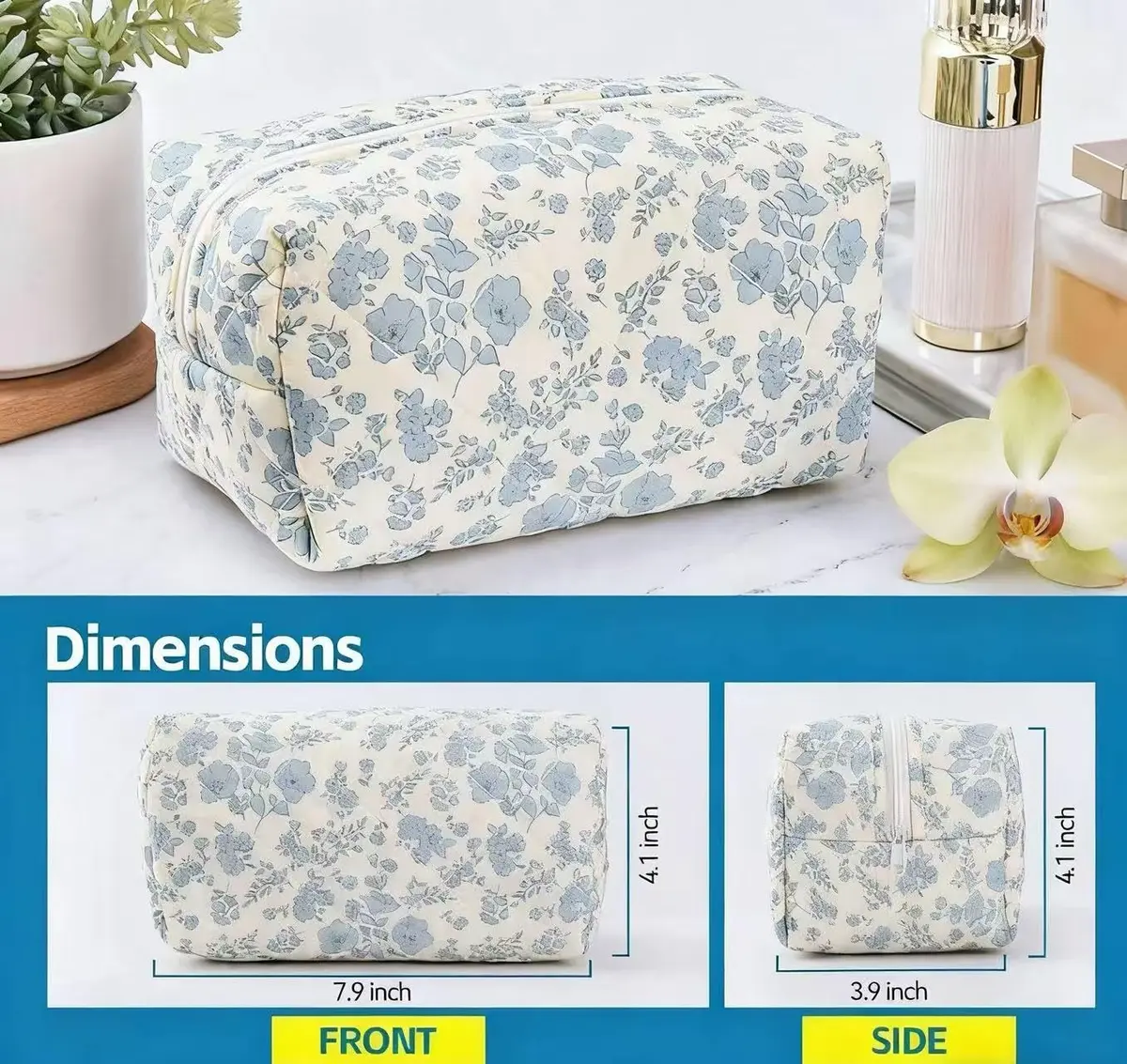 MZLUWM Puffy Coquette Floral Quilted Makeup Bag Large Fashionable Travel Pouch Cute Blue 20cm (7.8" L x 4.7" W x 3.9" H) - view 4