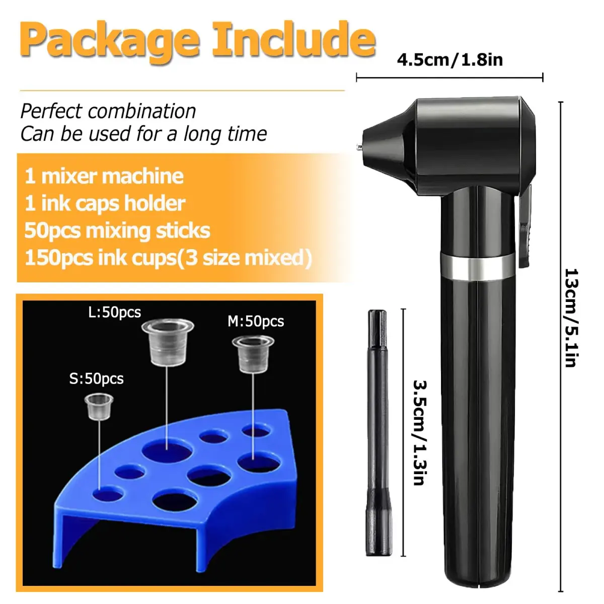 TONBAO Tattoo Ink Mixer Machine Professional Kit with 150 Ink Cups & Holder, 50 Mixing Sticks (Black Mixer, 4.6 x 12.9 cm) - view 2