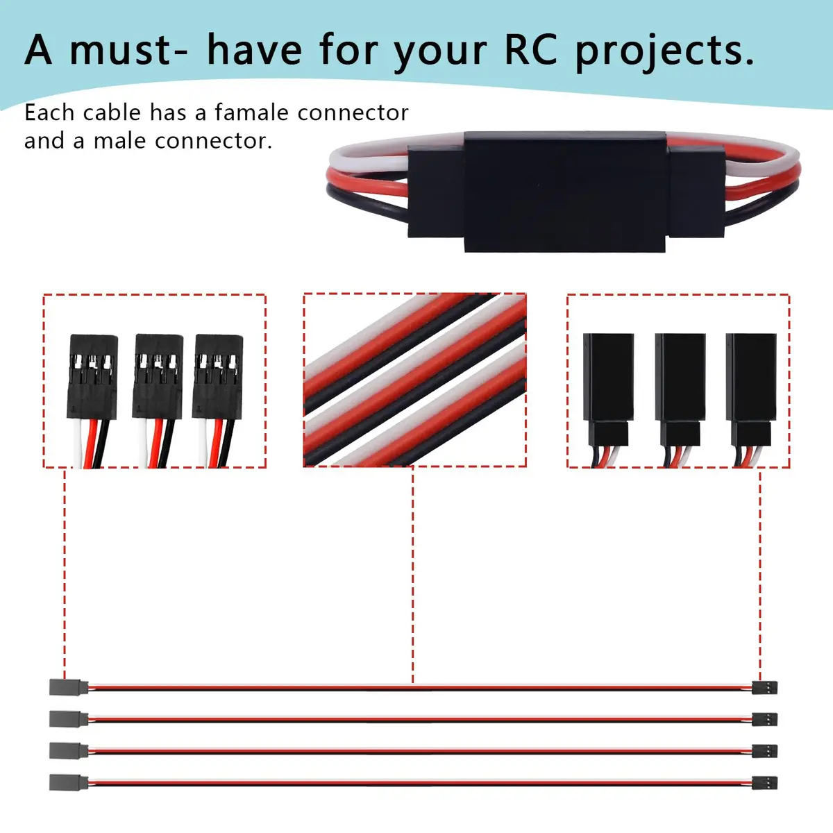 Abvsdu Servo Extension Cable 20 pcs | 5 Lengths, Female to Male Connectors, RC Control Parts - view 3