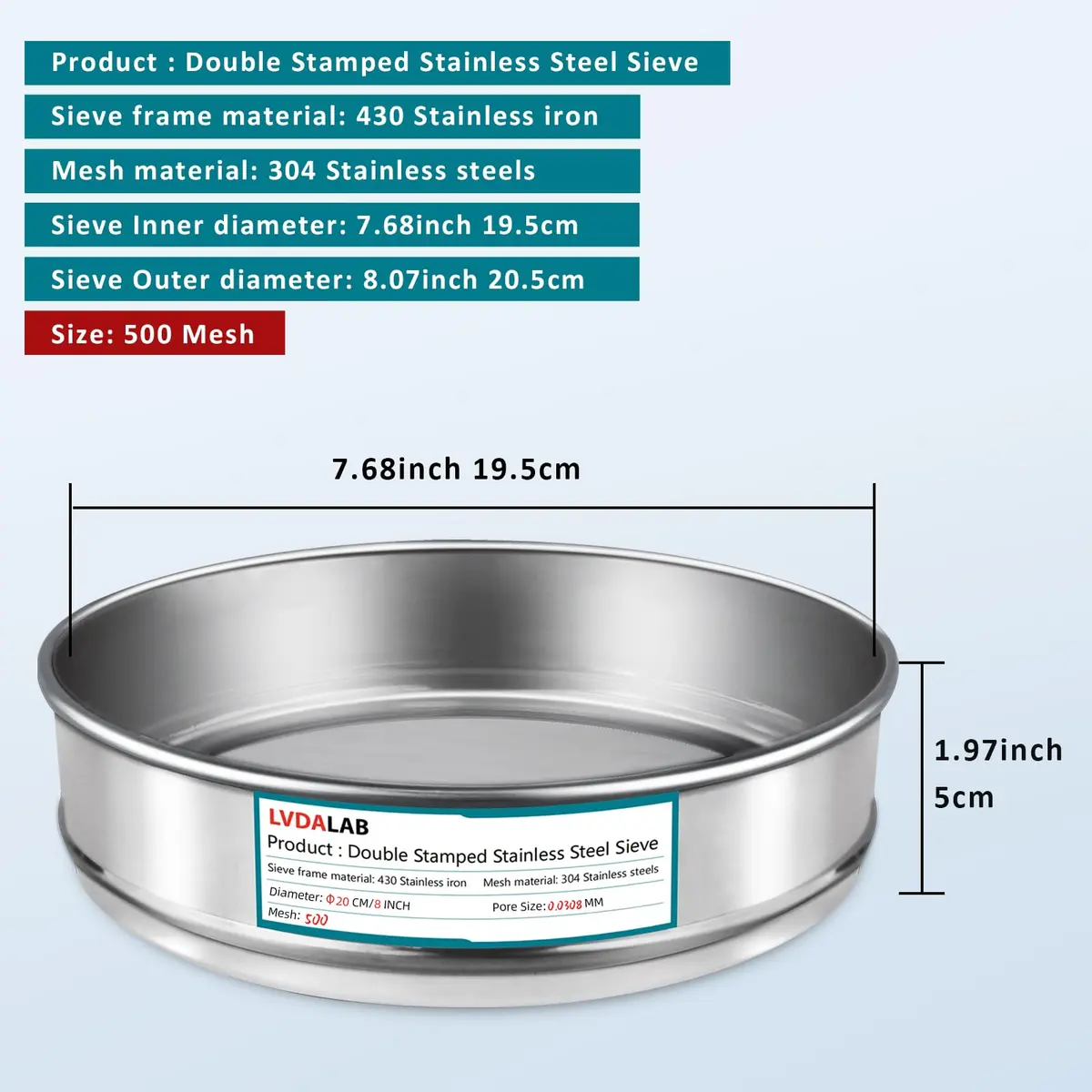 LVDALAB 7.9" (20cm) 304 Stainless Steel Lab Sieve, 500 Mesh (0.0308mm) for Fine Powder Testing - view 2