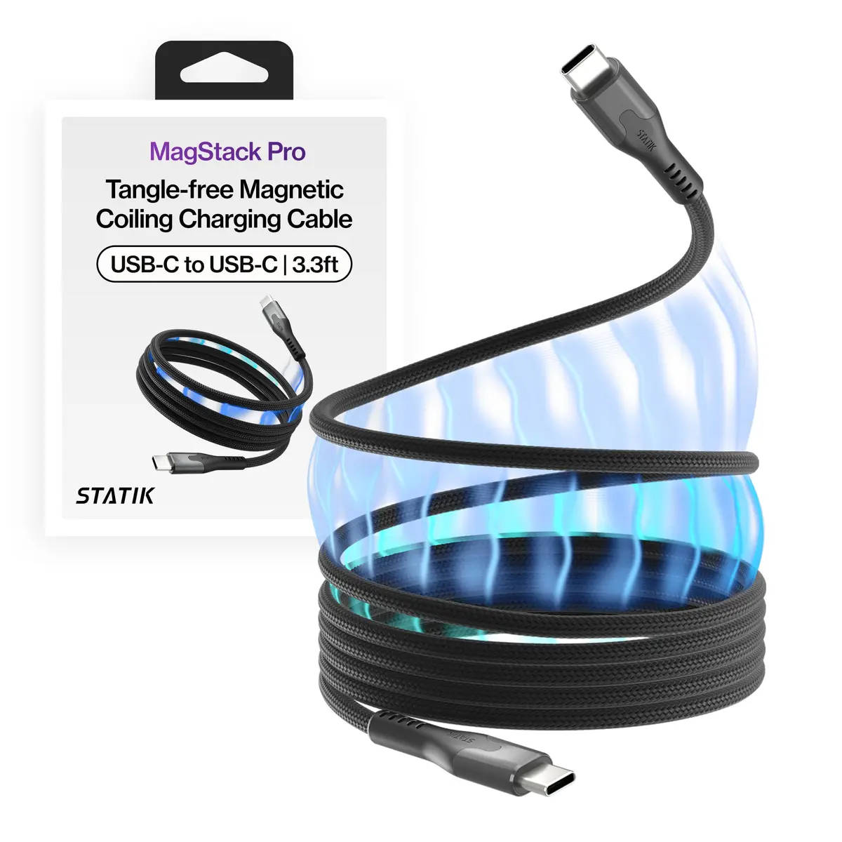 Statik MagStack Pro USB C to USB C Magnetic Charging Cable, 3ft, 100W, Tangle-Free Nylon Braided Design - main product image