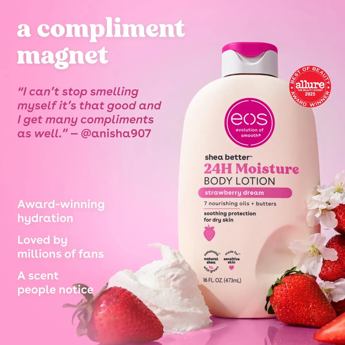 eos Shea Better Body Lotion Strawberry Dream 473ml (16 fl oz) | 24-Hour Moisture for Soft Skin - view 3