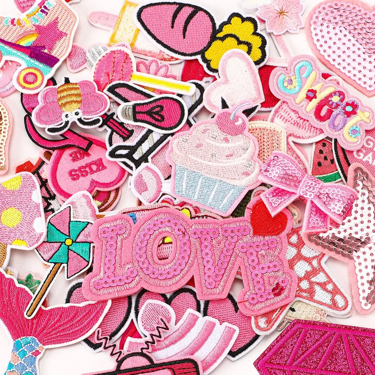 AUGSUN 60Pcs Pink Embroidered Iron-On Appliqué Patches | Retro, Hippie, Avant-Garde Styles - view 5