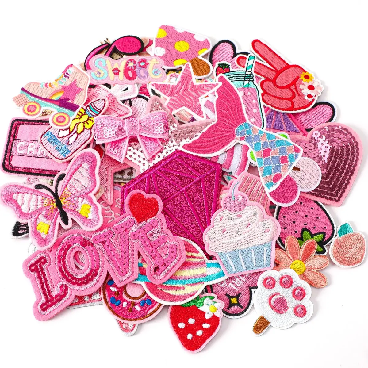 AUGSUN 60Pcs Pink Embroidered Iron-On Appliqué Patches | Retro, Hippie, Avant-Garde Styles - main product image