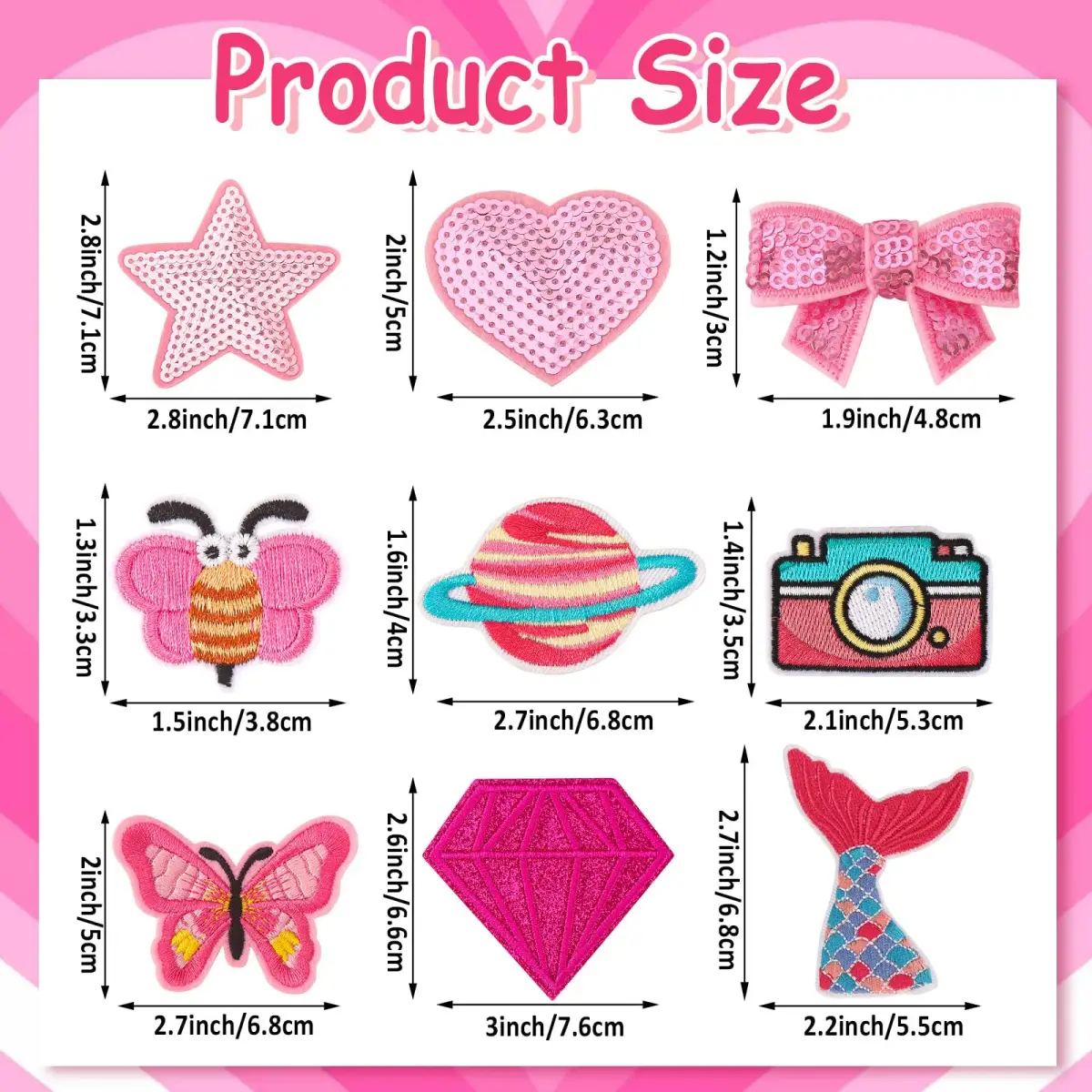 AUGSUN 60Pcs Pink Embroidered Iron-On Appliqué Patches | Retro, Hippie, Avant-Garde Styles - view 2