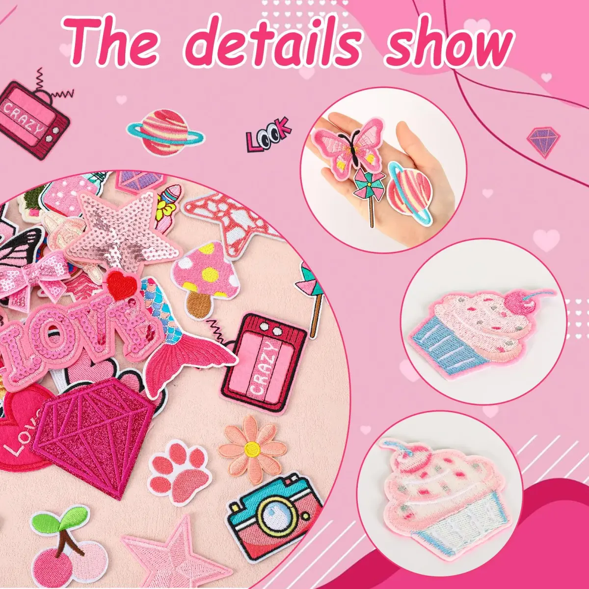AUGSUN 60Pcs Pink Embroidered Iron-On Appliqué Patches | Retro, Hippie, Avant-Garde Styles - view 3