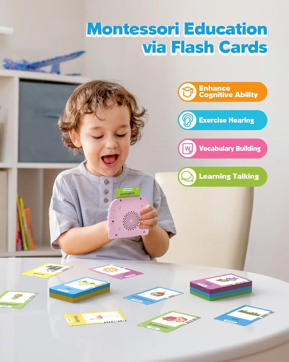 Airbition Talking Flash Cards for Toddlers Ages 1-6, 224 Words English Pink | Montessori Language Learning Toy with American Accent - view 3