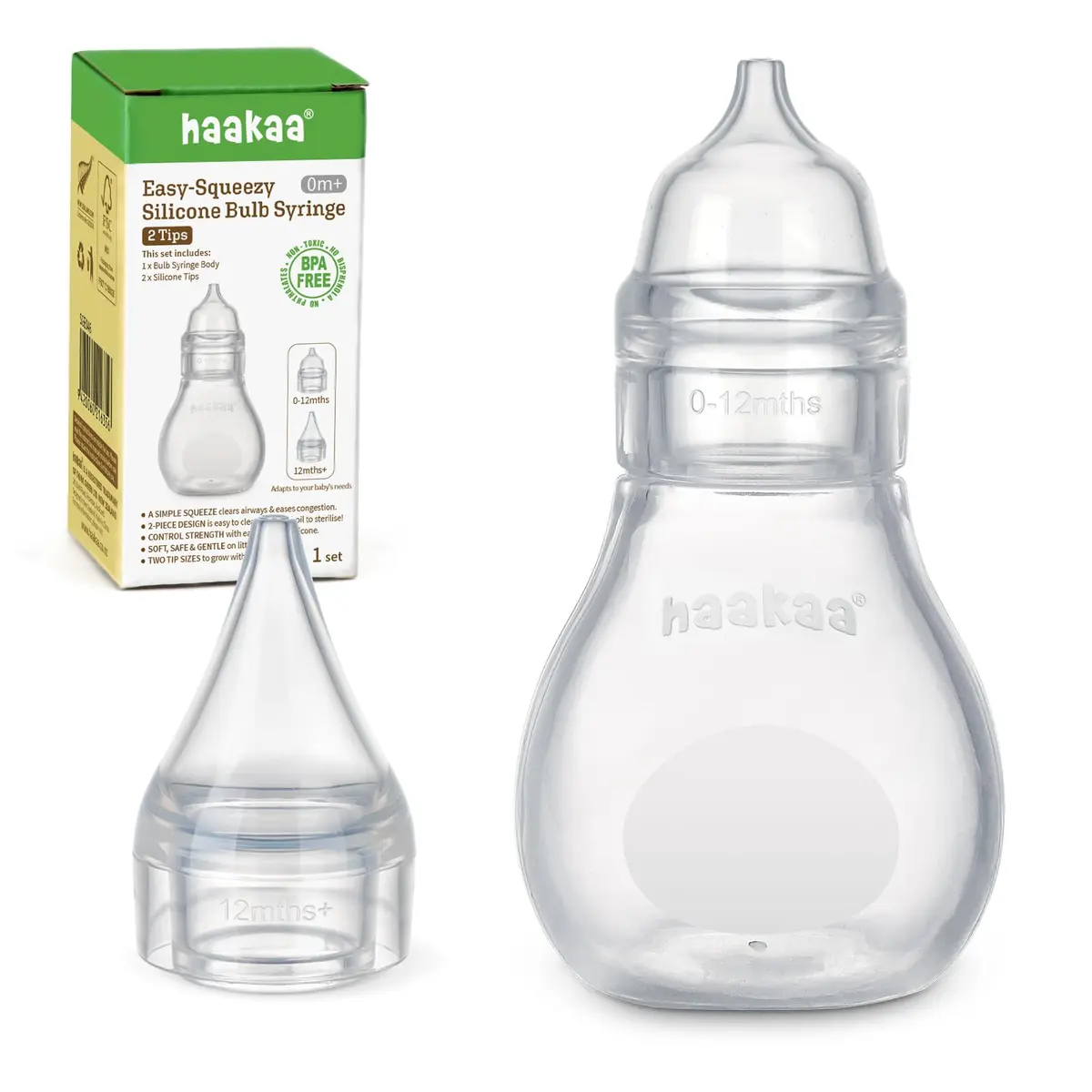 Haakaa Silicone Baby Nasal Aspirator Bulb Syringe with 2 Tips | Gentle Mucus Removal for Newborns & Toddlers - main product image