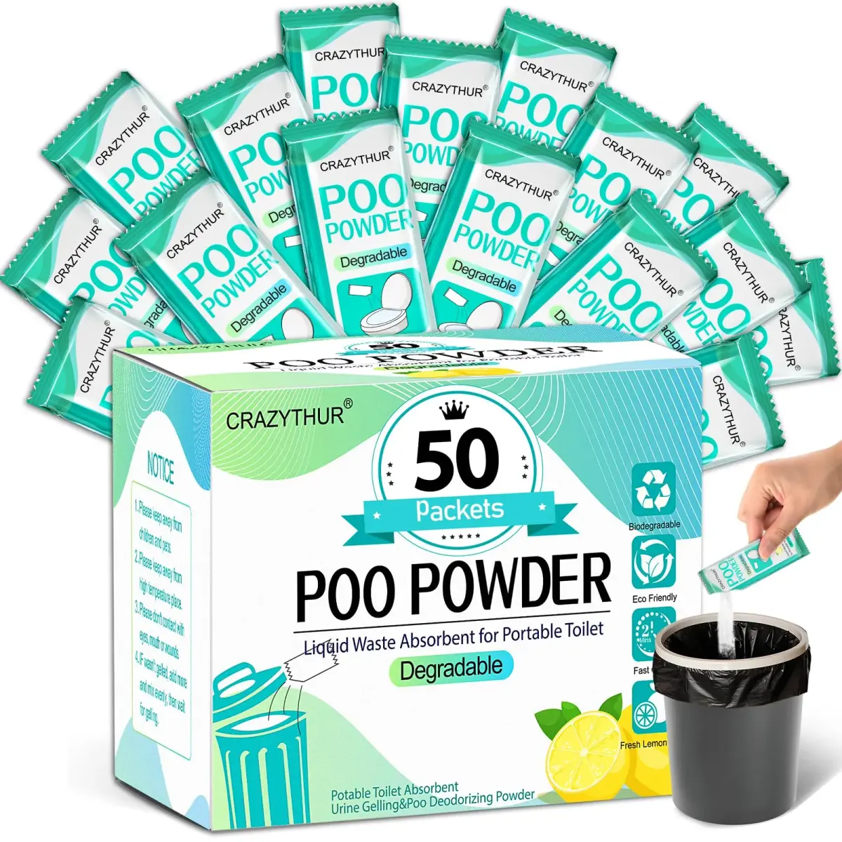 CRAZYTHUR Portable Toilet Gel Powder 50PCS | Solidifies Waste 2x Faster, Odor Lock - main product image