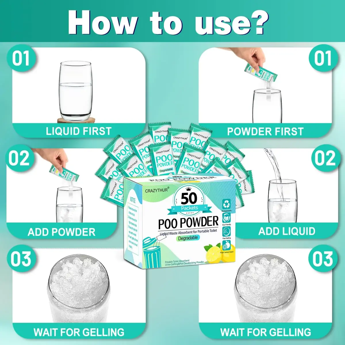 CRAZYTHUR Portable Toilet Gel Powder 50PCS | Solidifies Waste 2x Faster, Odor Lock - view 7