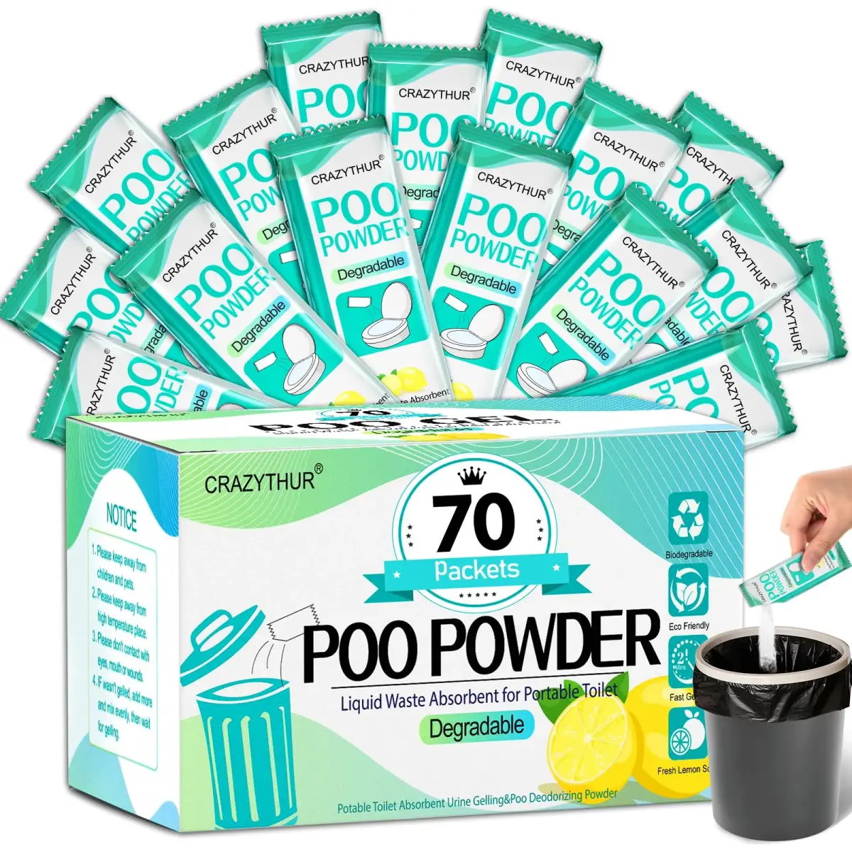 CRAZYTHUR Portable Toilet Gel Powder 70PCS Lemon Scent | Treats 650ml Urine Per Pack - main product image