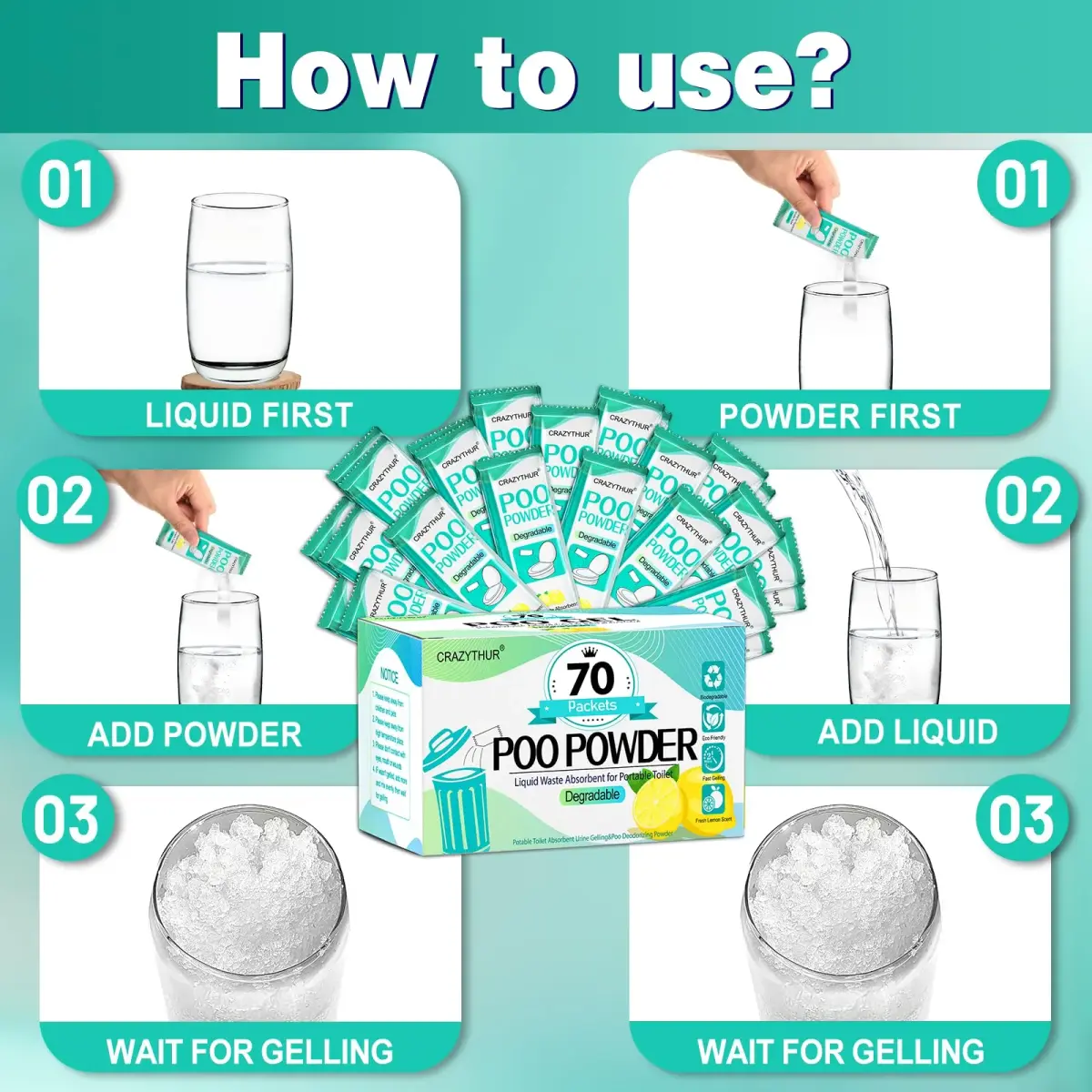 CRAZYTHUR Portable Toilet Gel Powder 70PCS Lemon Scent | Treats 650ml Urine Per Pack - view 7