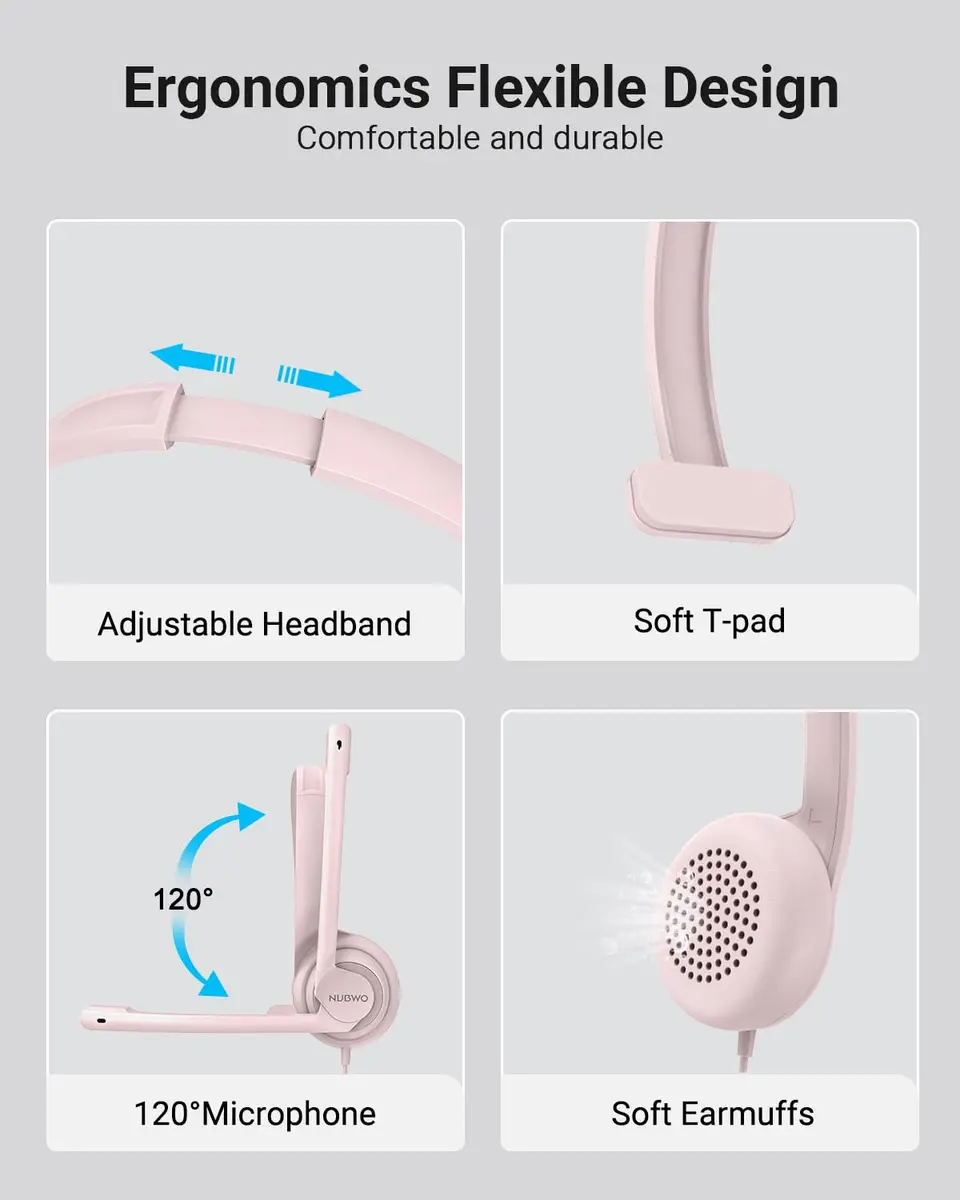 NUBWO HW02 USB Headset with Microphone Noise Cancelling & in-line Control | Ultra Comfort Wired Office Headphones (Pink) - view 4