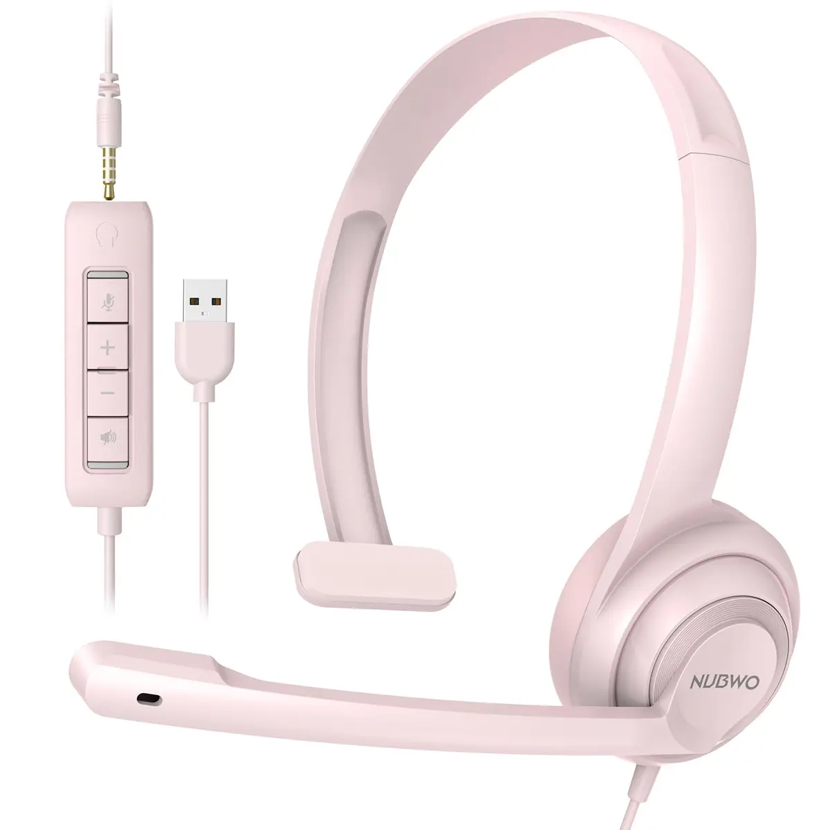 NUBWO HW02 USB Headset with Microphone Noise Cancelling & in-line Control | Ultra Comfort Wired Office Headphones (Pink) - main product image