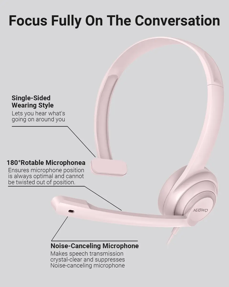 NUBWO HW02 USB Headset with Microphone Noise Cancelling & in-line Control | Ultra Comfort Wired Office Headphones (Pink) - view 7